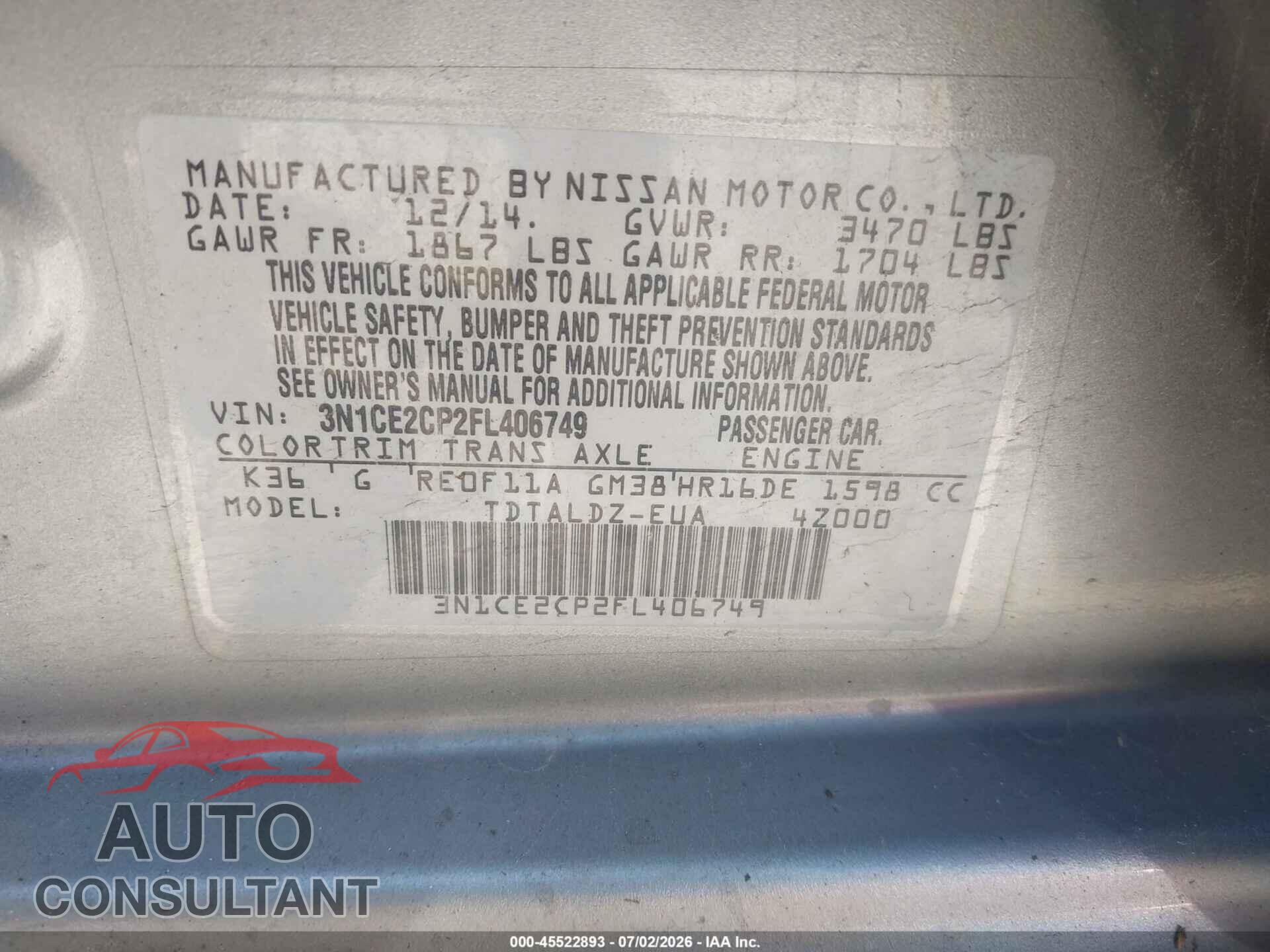 NISSAN VERSA NOTE 2015 - 3N1CE2CP2FL406749