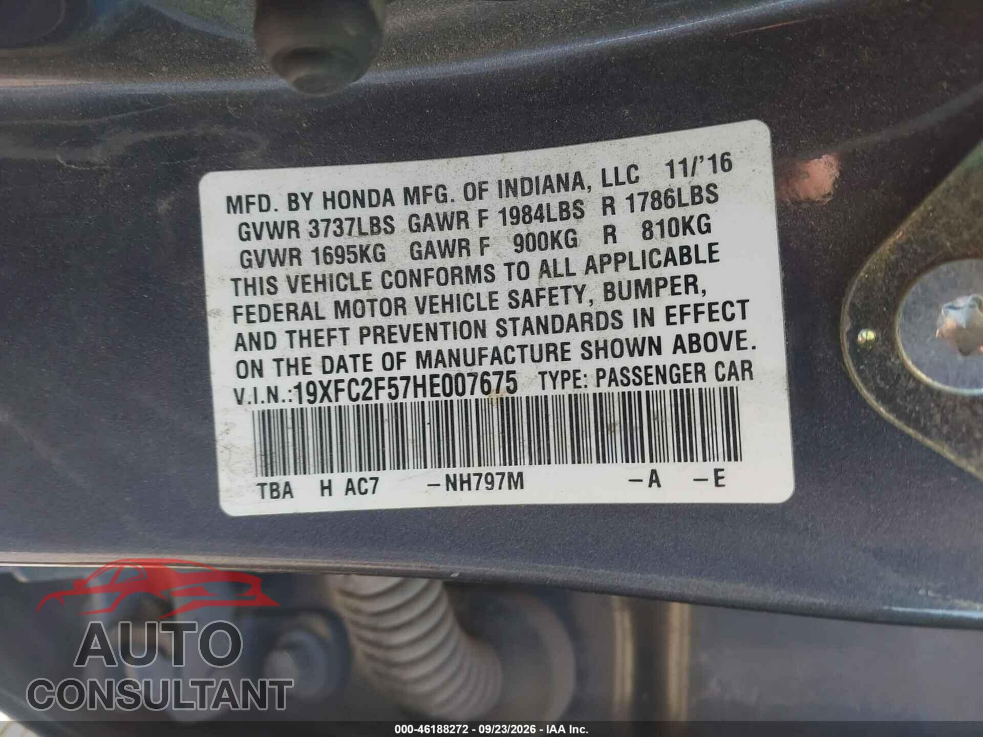 HONDA CIVIC 2017 - 19XFC2F57HE007675