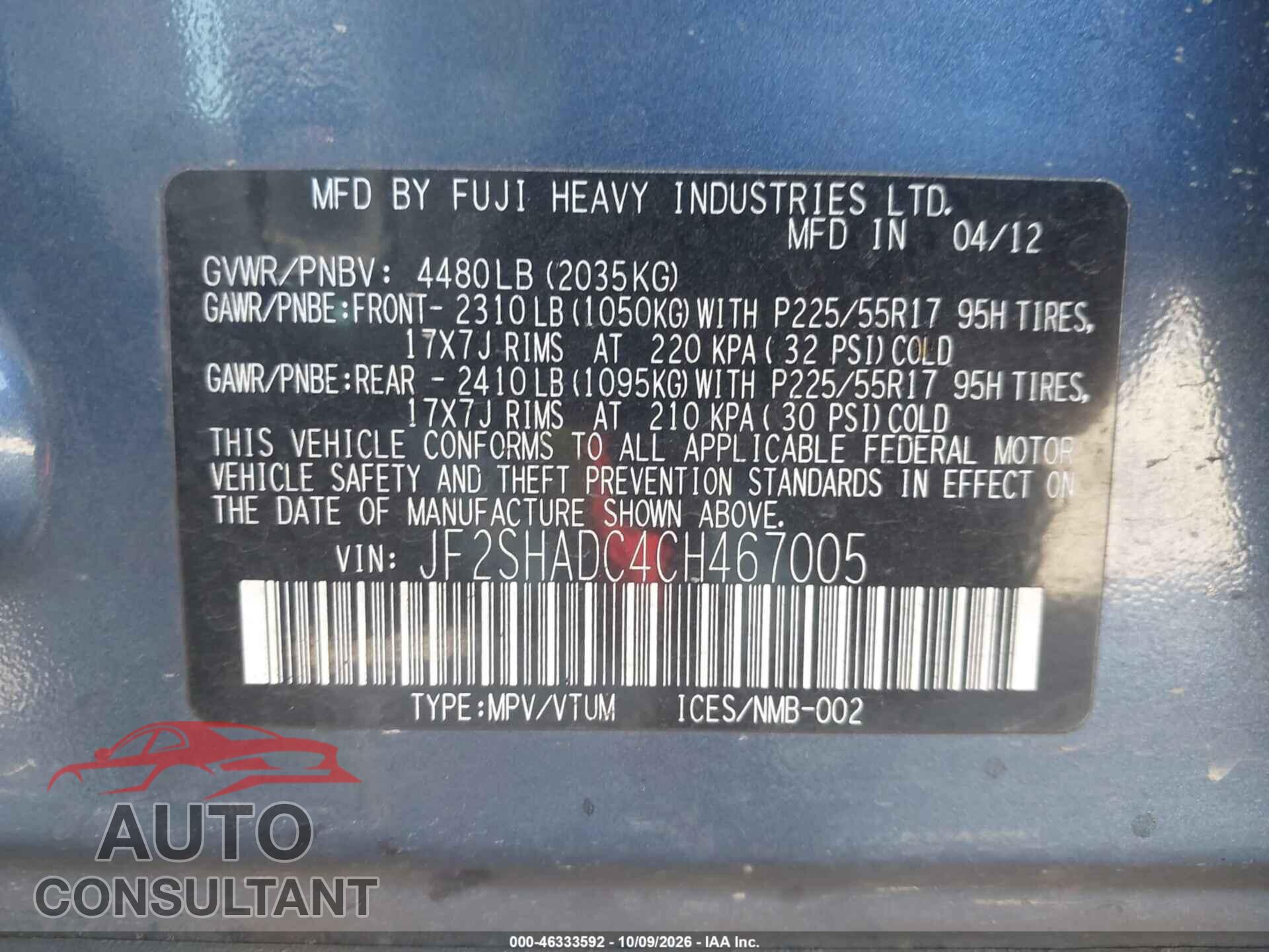 SUBARU FORESTER 2012 - JF2SHADC4CH467005