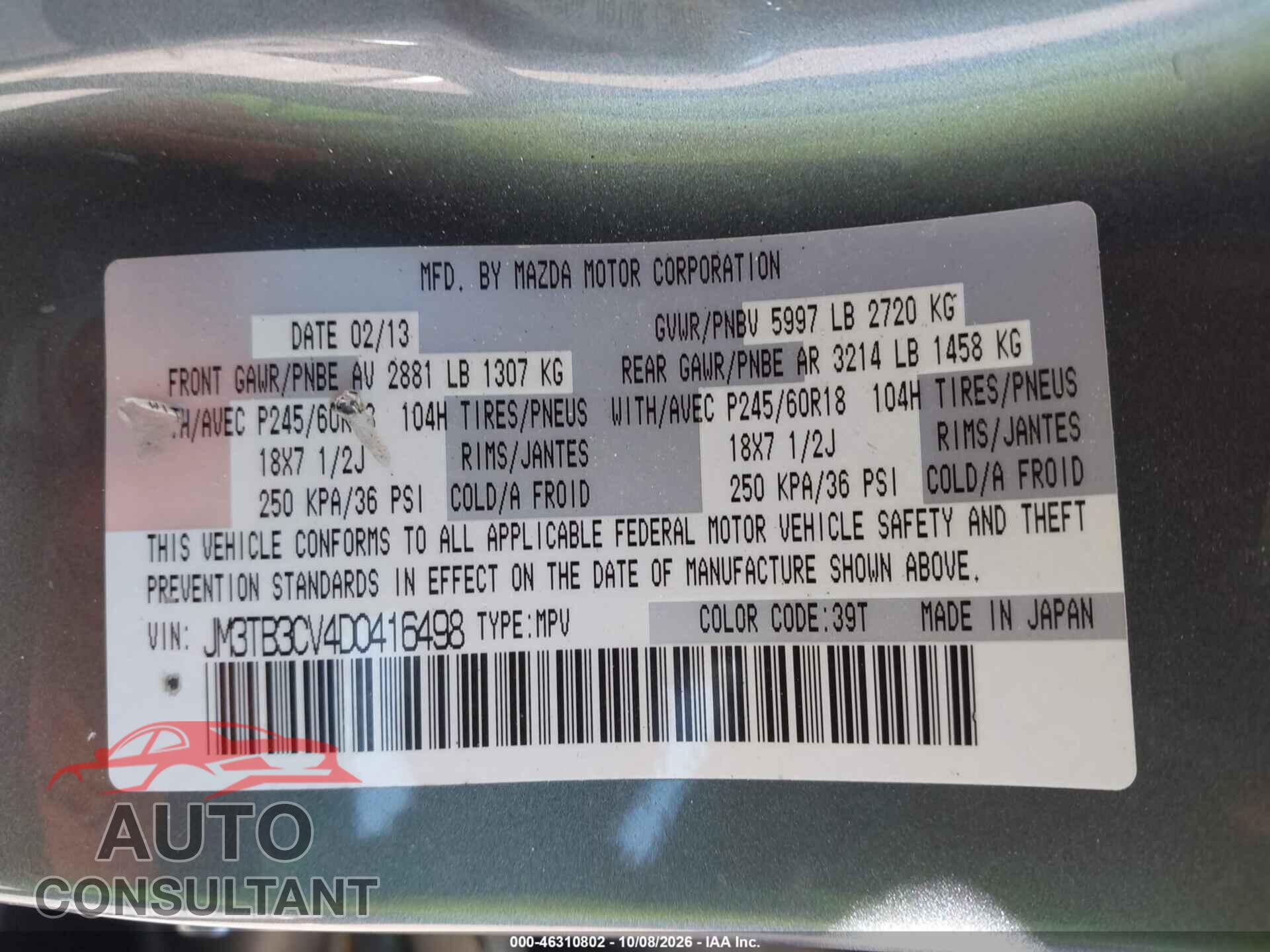 MAZDA CX-9 2013 - JM3TB3CV4D0416498