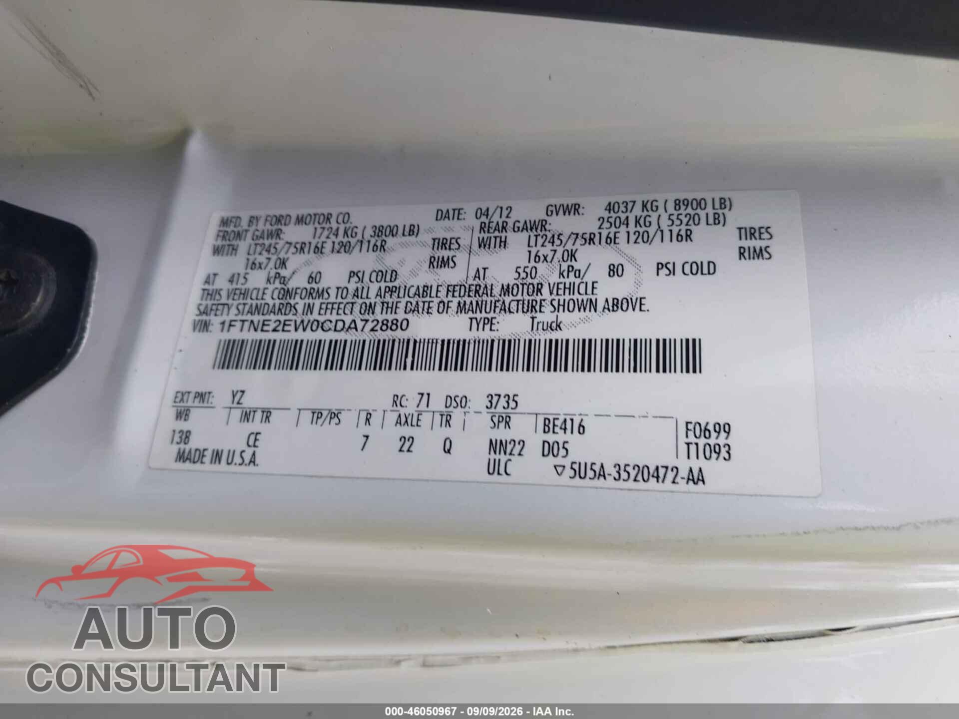 FORD E-250 2012 - 1FTNE2EW0CDA72880