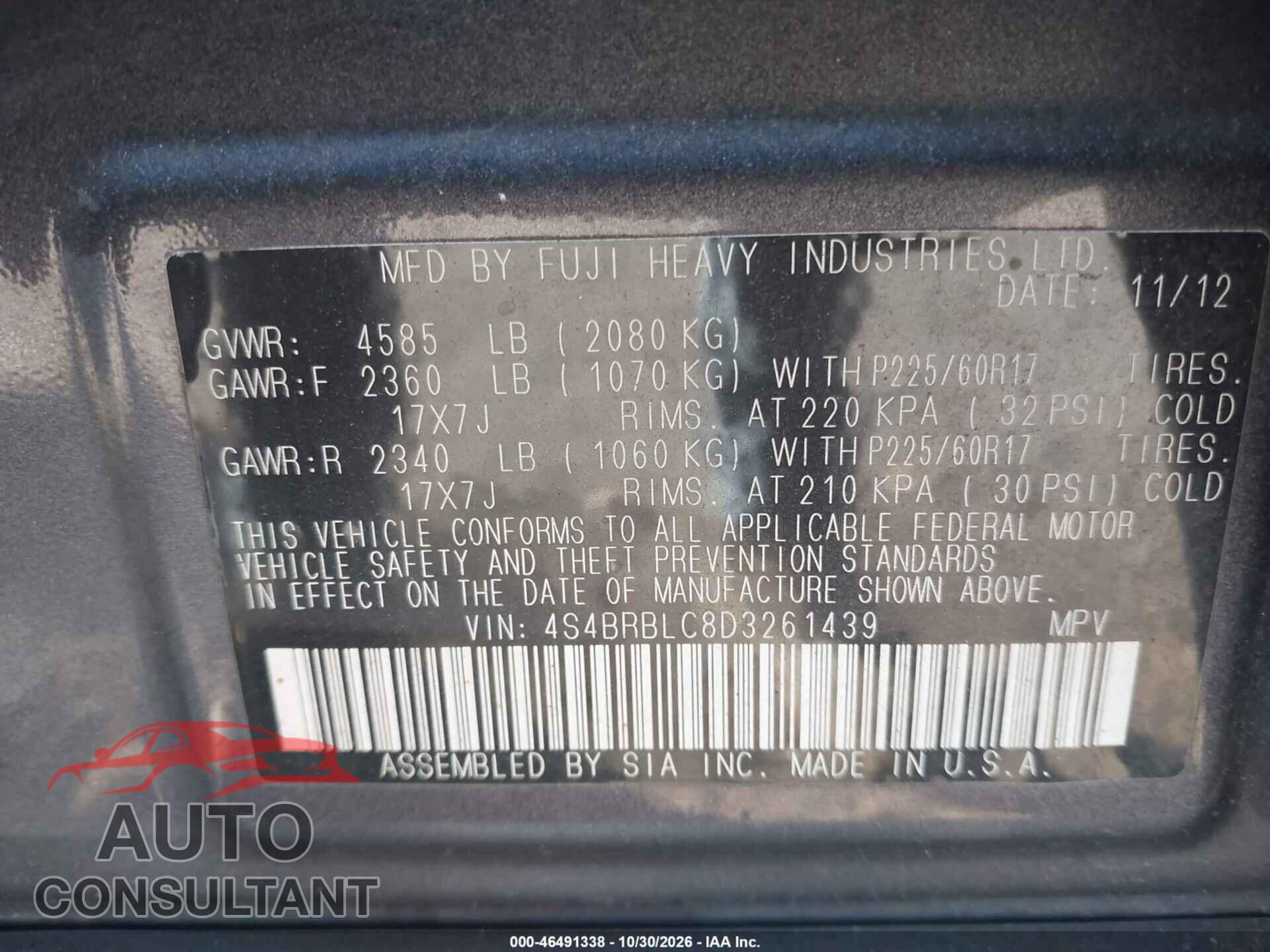 SUBARU OUTBACK 2013 - 4S4BRBLC8D3261439