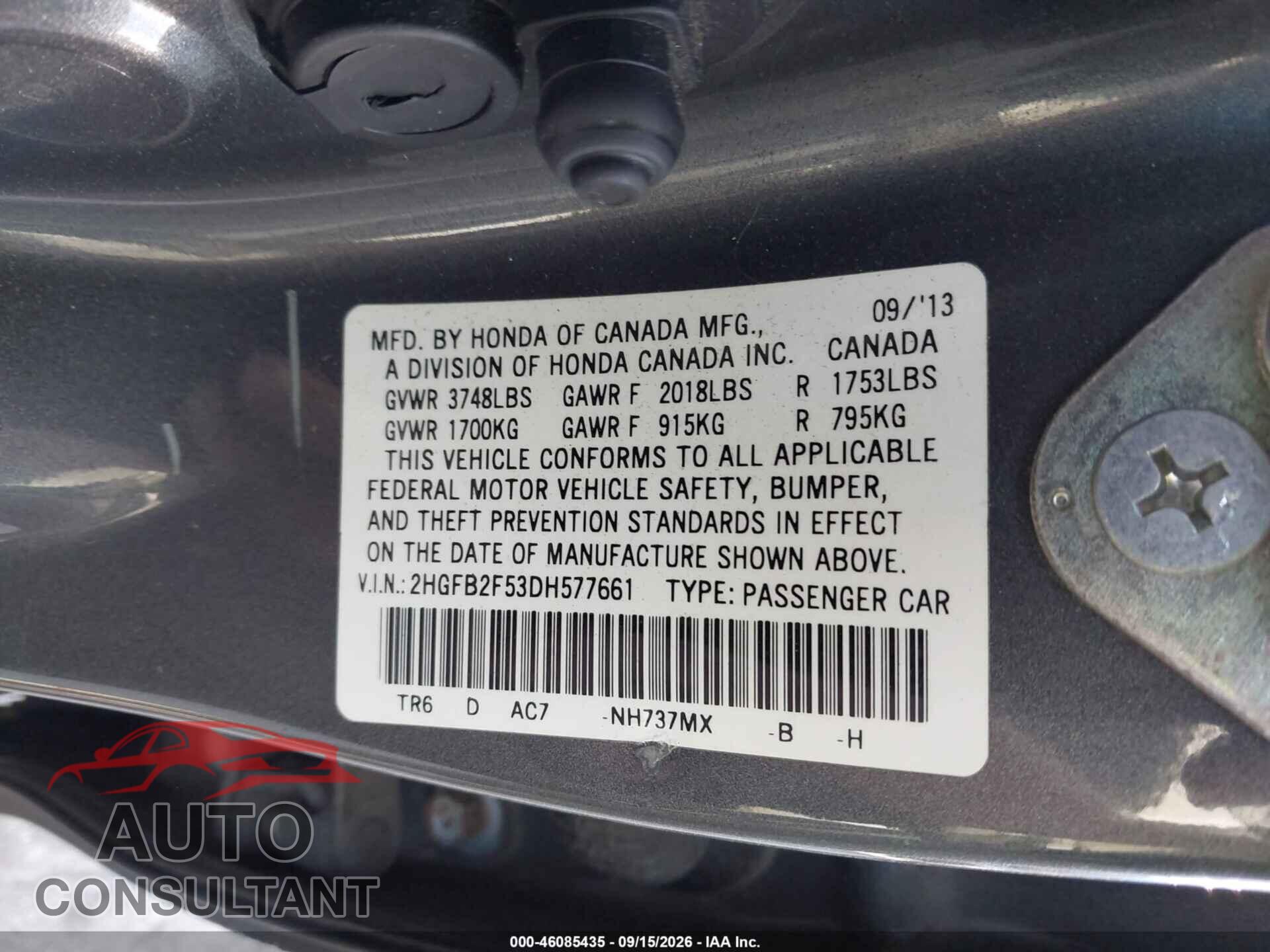 HONDA CIVIC 2013 - 2HGFB2F53DH577661