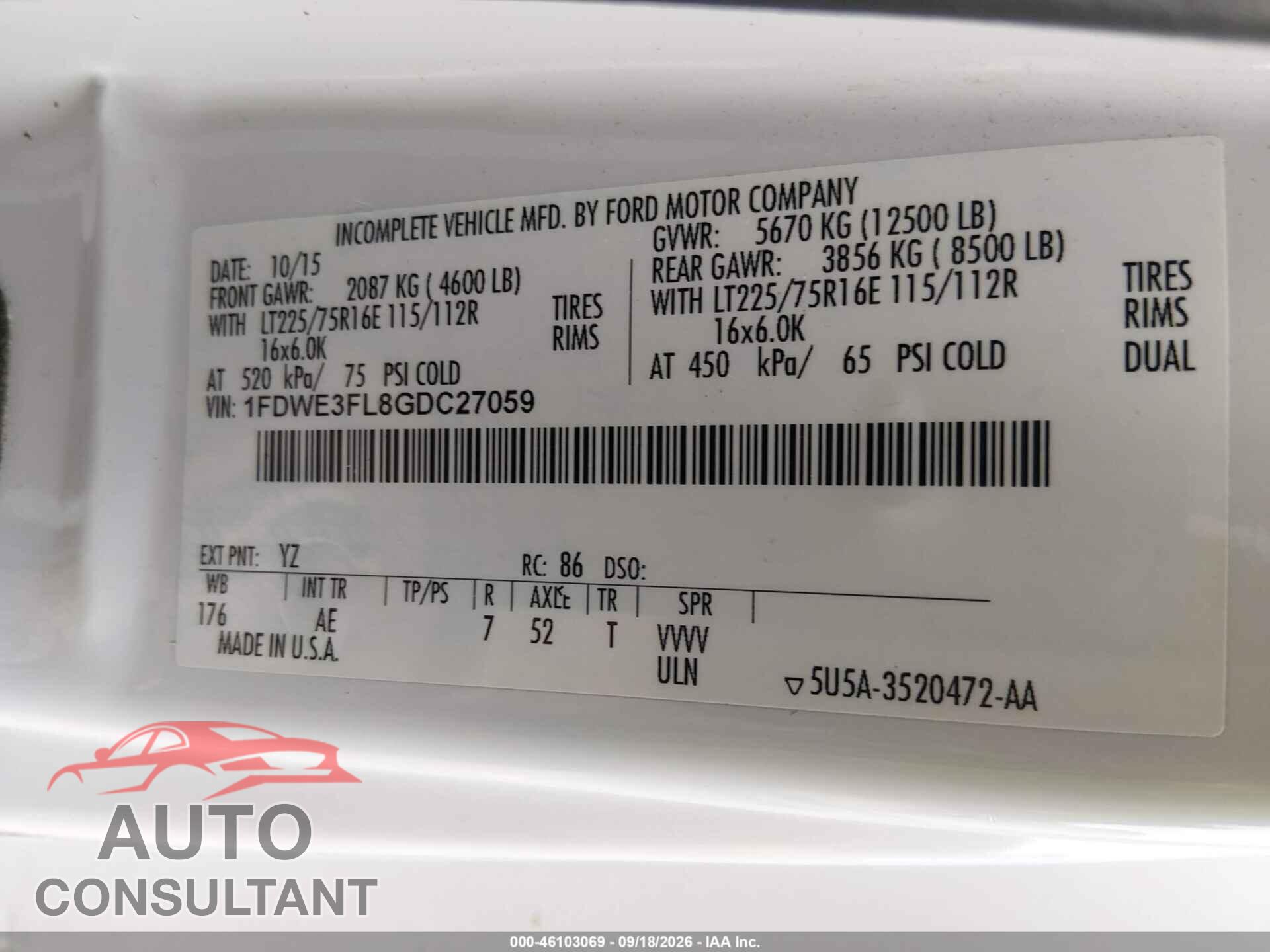FORD E-350 CUTAWAY 2016 - 1FDWE3FL8GDC27059