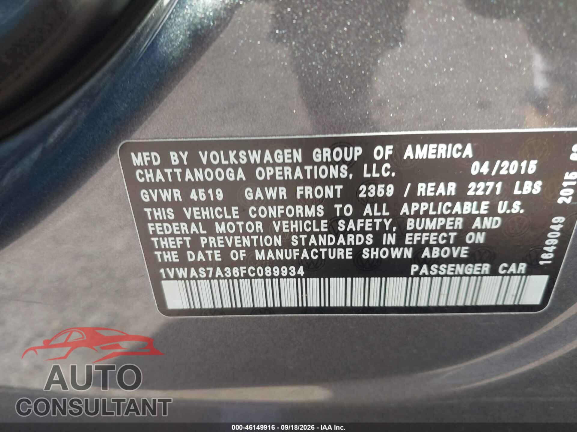 VOLKSWAGEN PASSAT 2015 - 1VWAS7A36FC089934