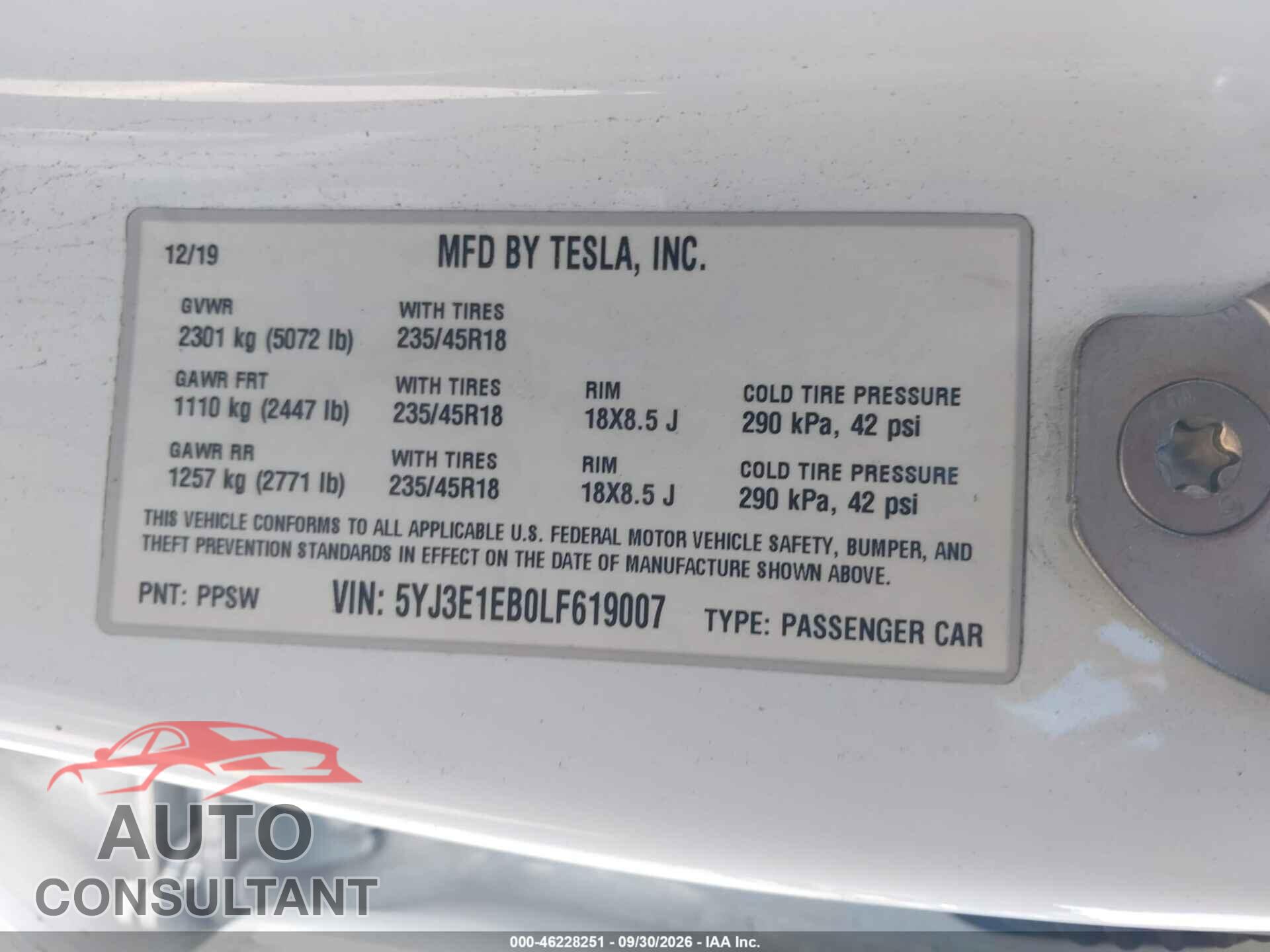 TESLA MODEL 3 2020 - 5YJ3E1EB0LF619007