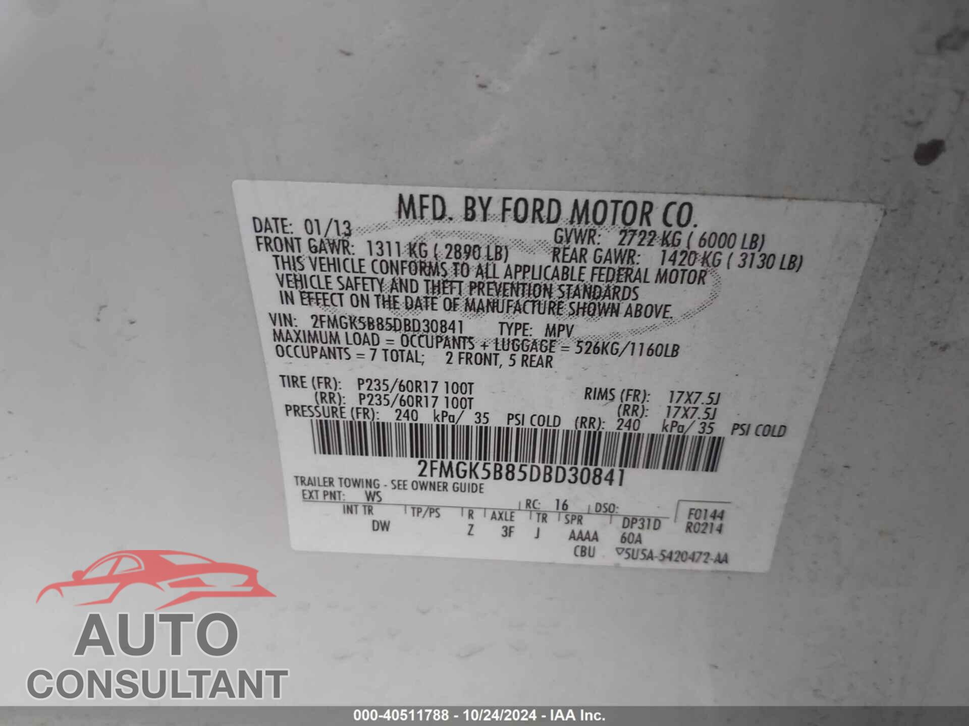 FORD FLEX 2013 - 2FMGK5B85DBD30841