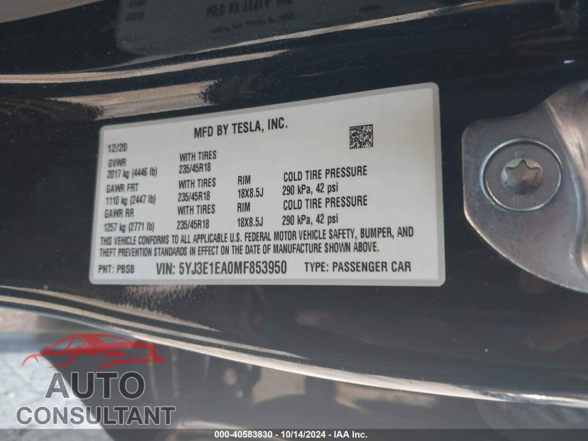 TESLA MODEL 3 2021 - 5YJ3E1EA0MF853950
