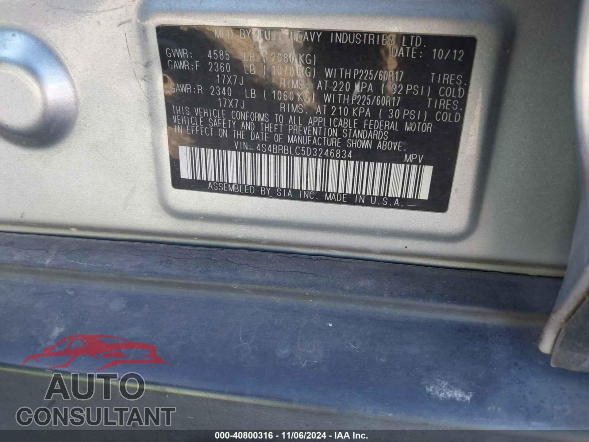 SUBARU OUTBACK 2013 - 4S4BRBLC5D3246834