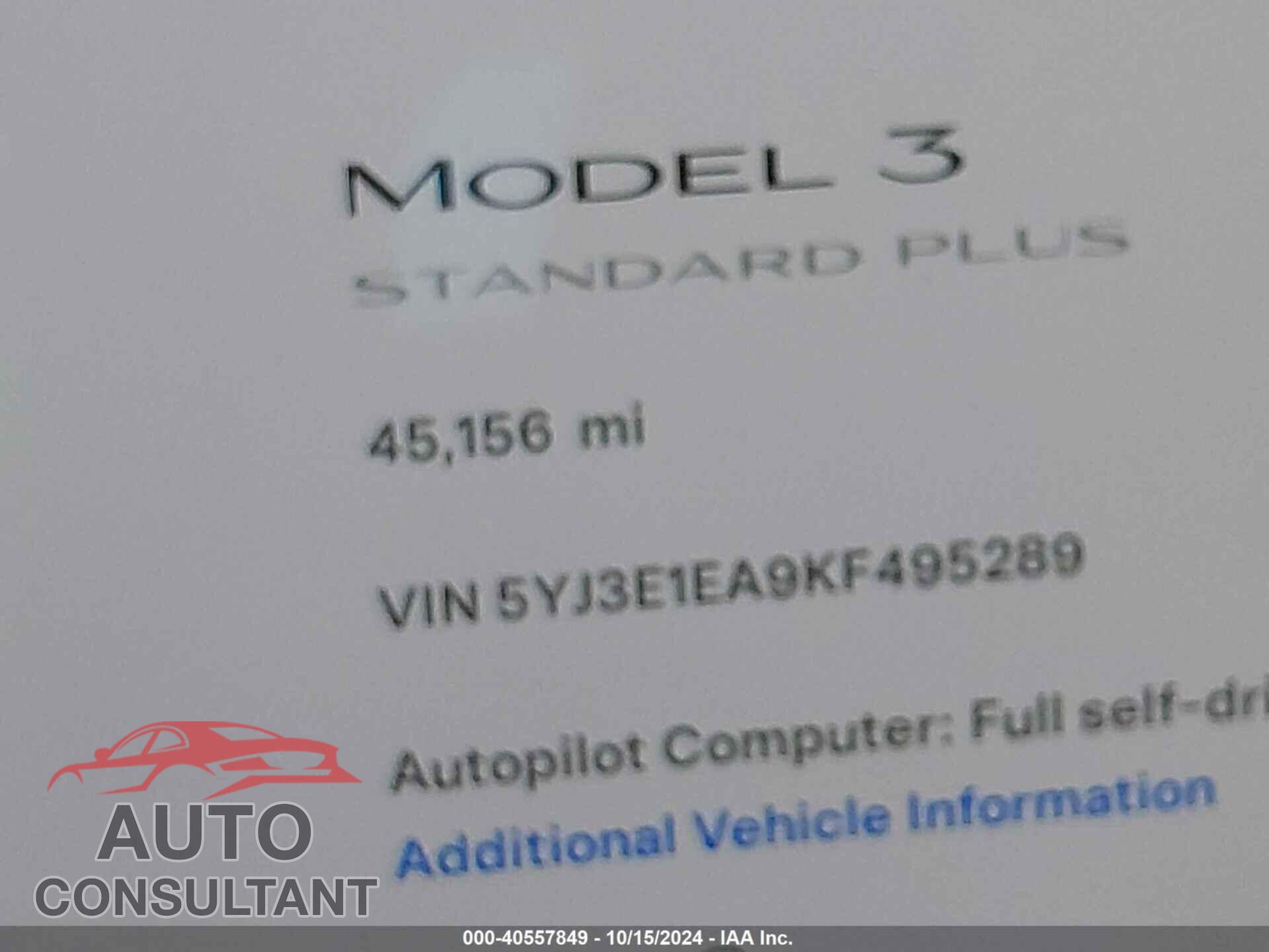 TESLA MODEL 3 2019 - 5YJ3E1EA9KF495289