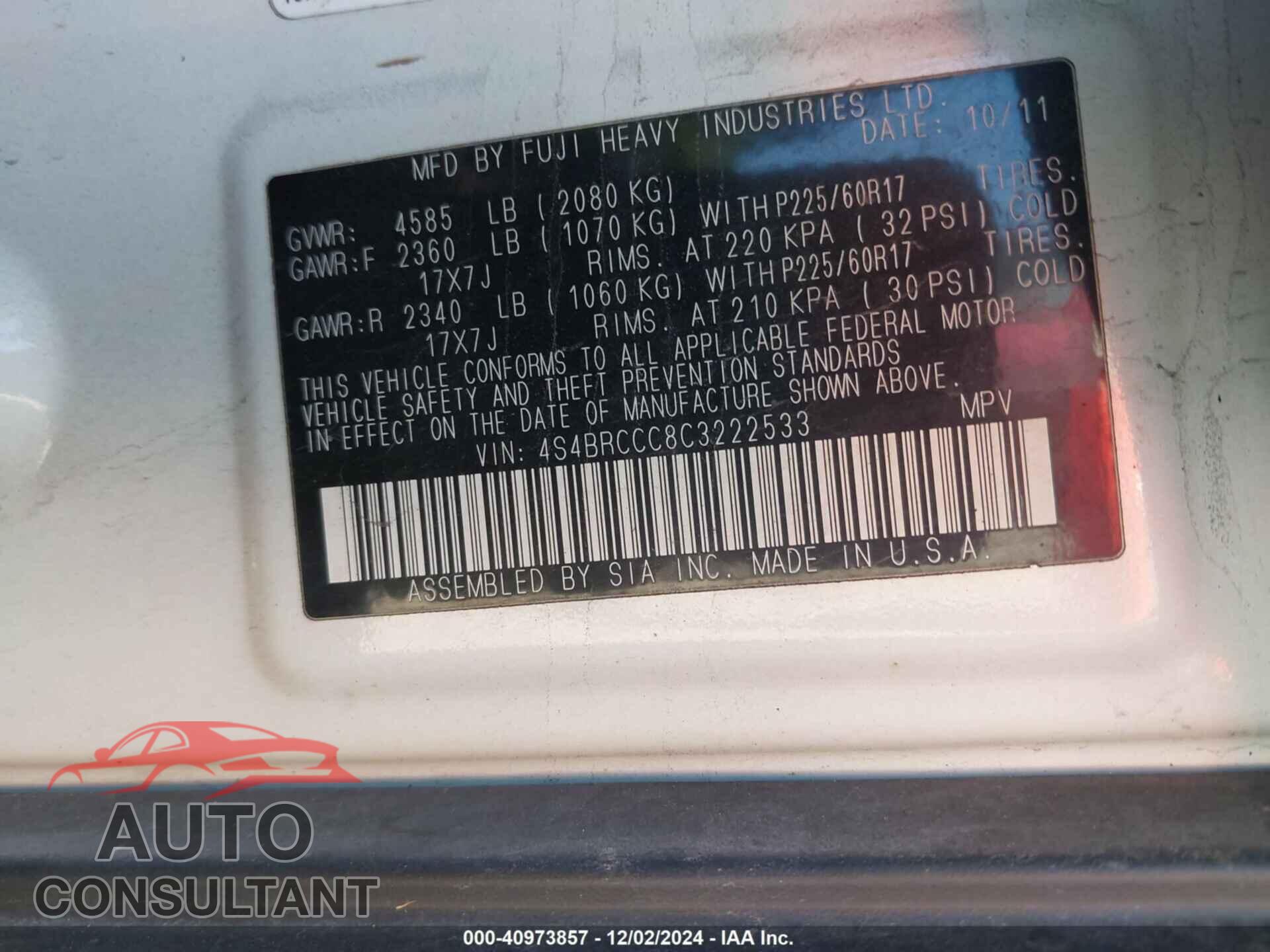 SUBARU OUTBACK 2012 - 4S4BRCCC8C3222533