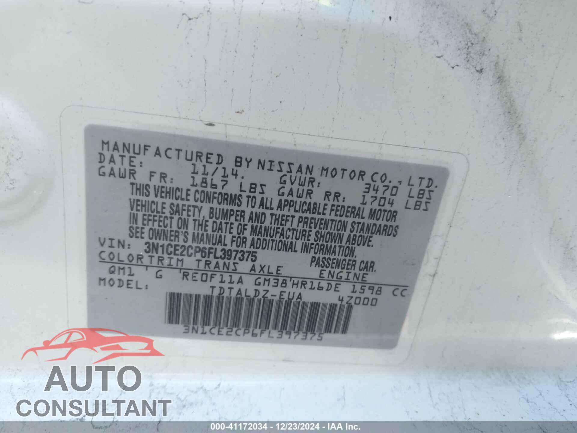 NISSAN VERSA NOTE 2015 - 3N1CE2CP6FL397375