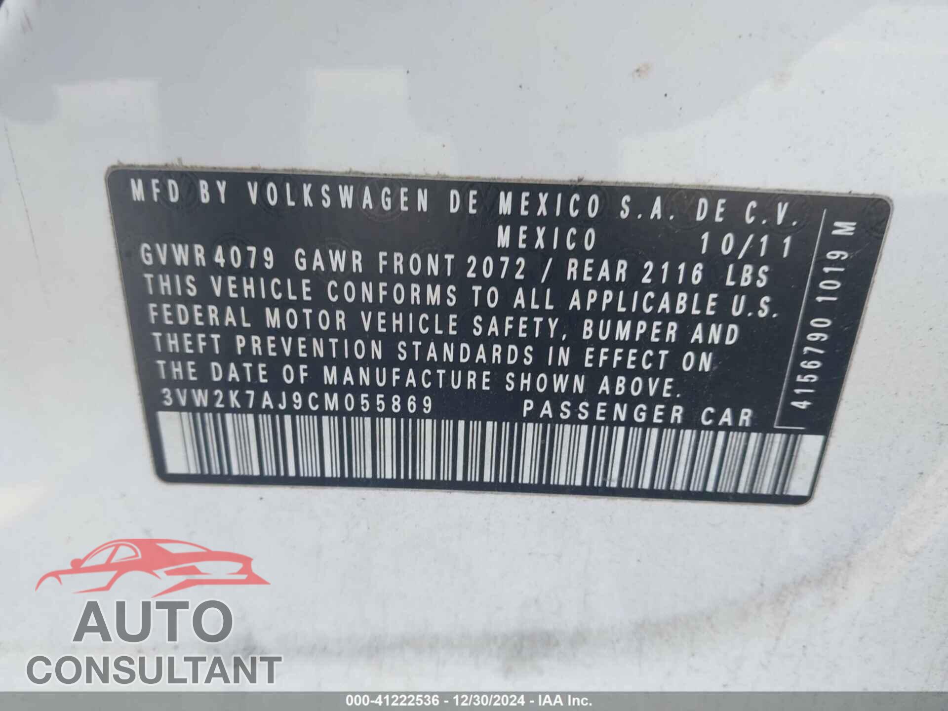 VOLKSWAGEN JETTA 2012 - 3VW2K7AJ9CM055869