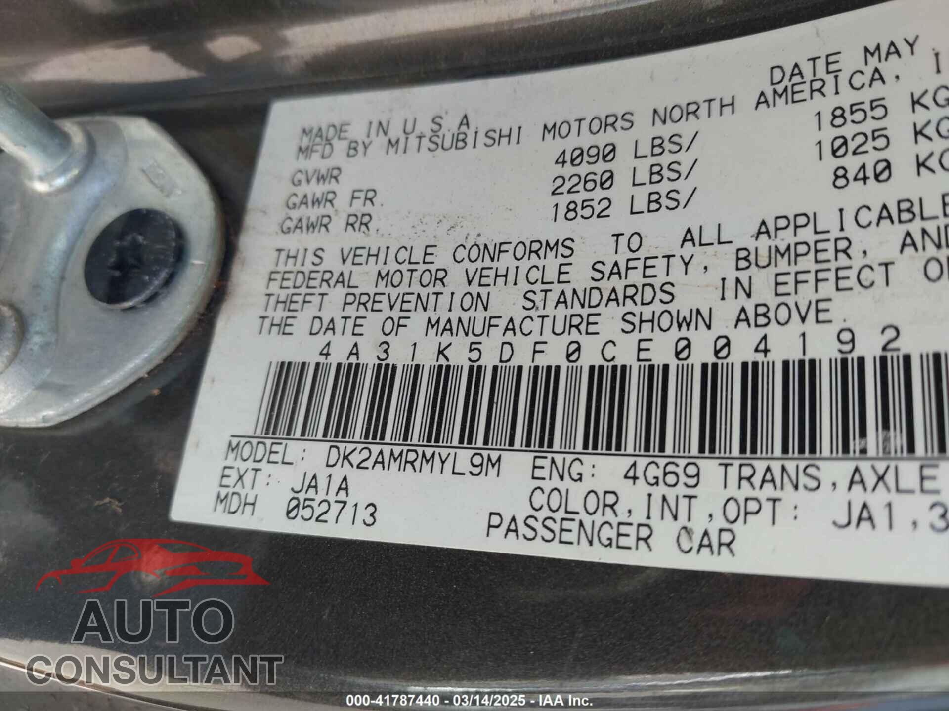 MITSUBISHI ECLIPSE 2012 - 4A31K5DF0CE004192