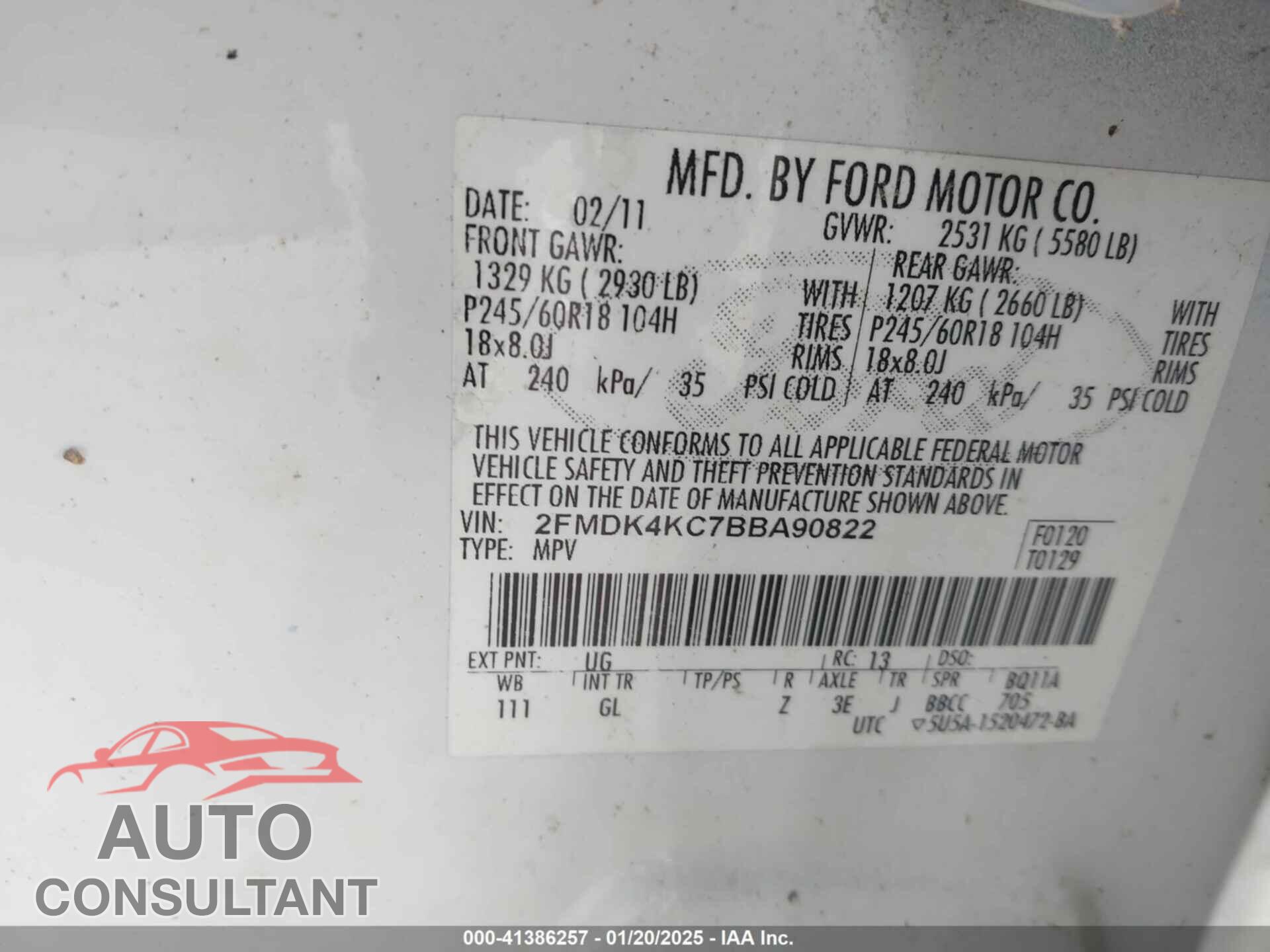 FORD EDGE 2011 - 2FMDK4KC7BBA90822