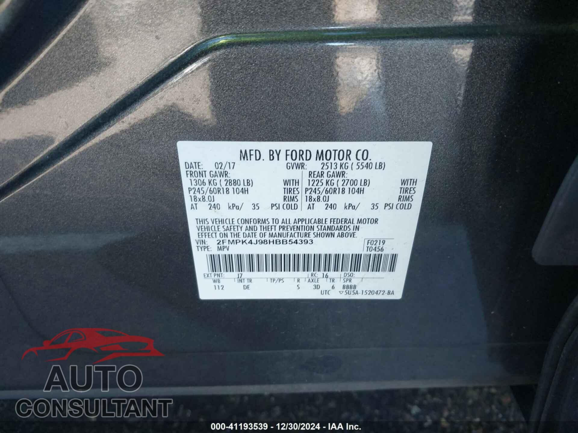 FORD EDGE 2017 - 2FMPK4J98HBB54393