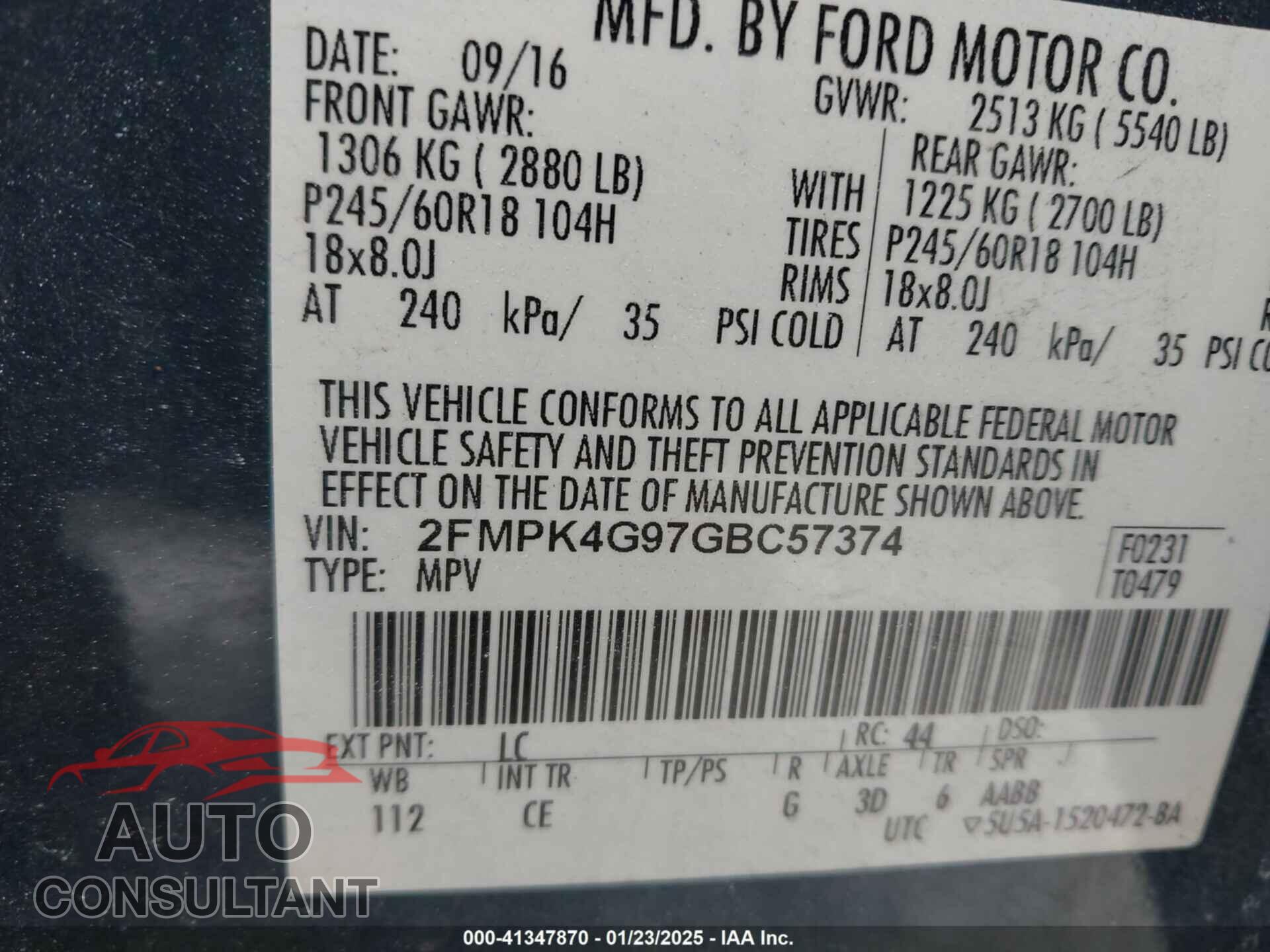FORD EDGE 2016 - 2FMPK4G97GBC57374