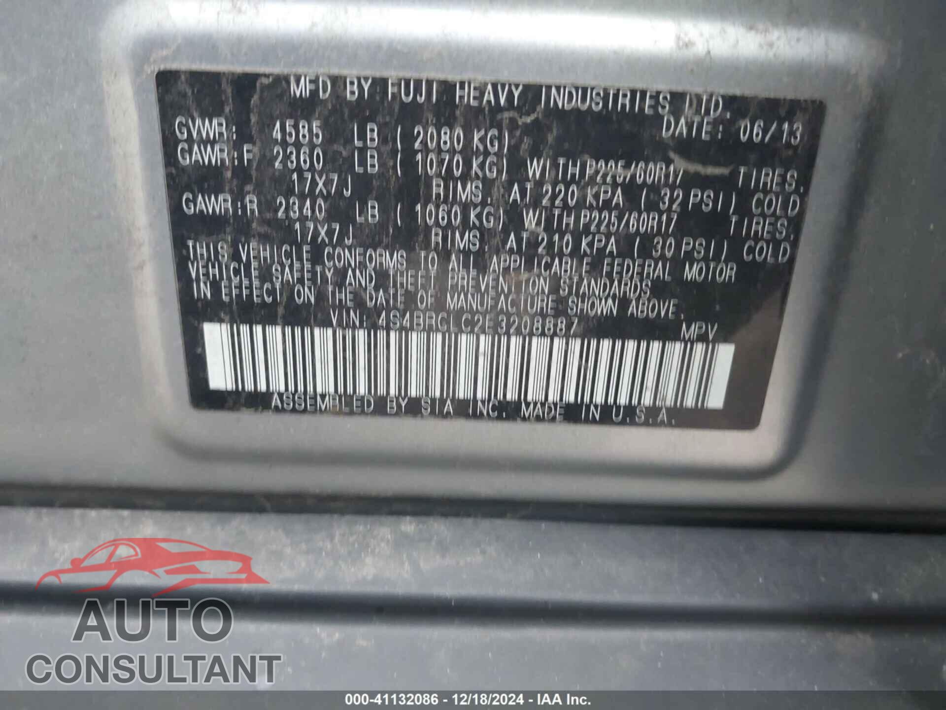 SUBARU OUTBACK 2014 - 4S4BRCLC2E3208887