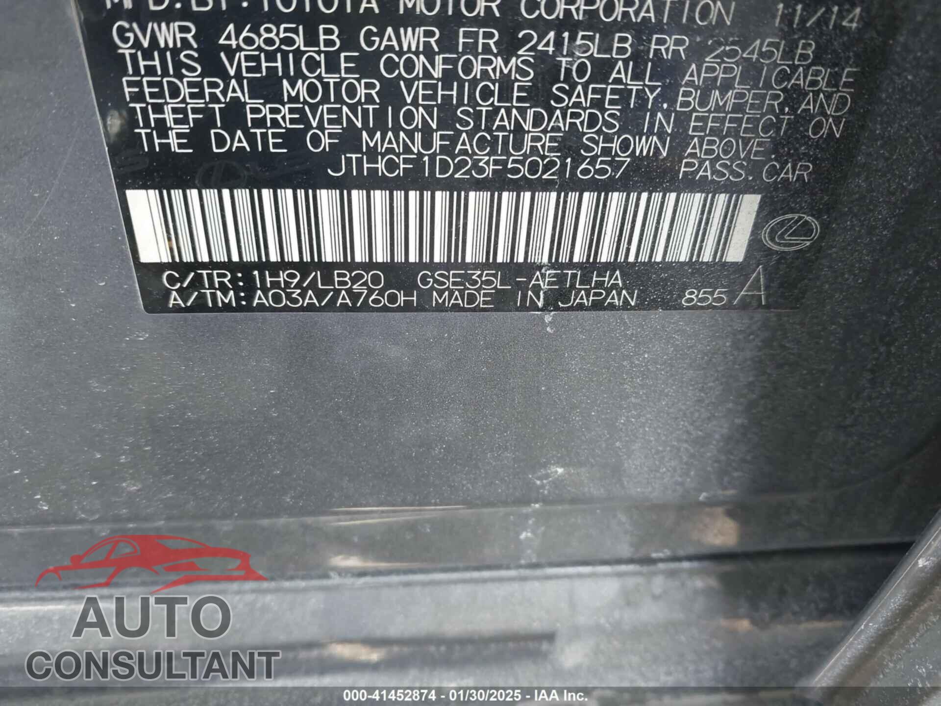 LEXUS IS 250 2015 - JTHCF1D23F5021657