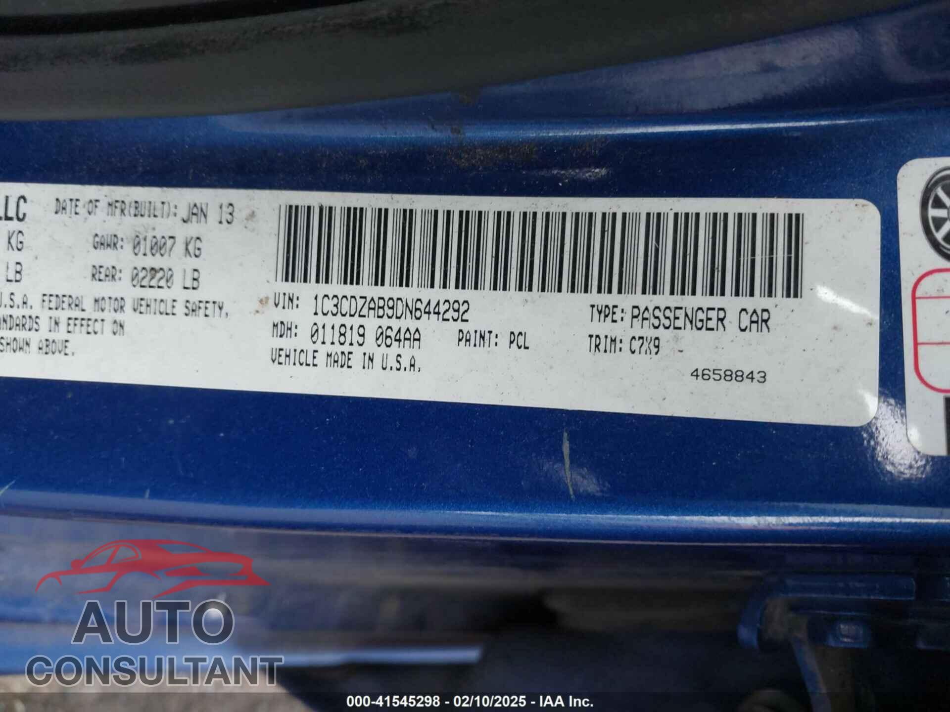 DODGE AVENGER 2013 - 1C3CDZAB9DN644292