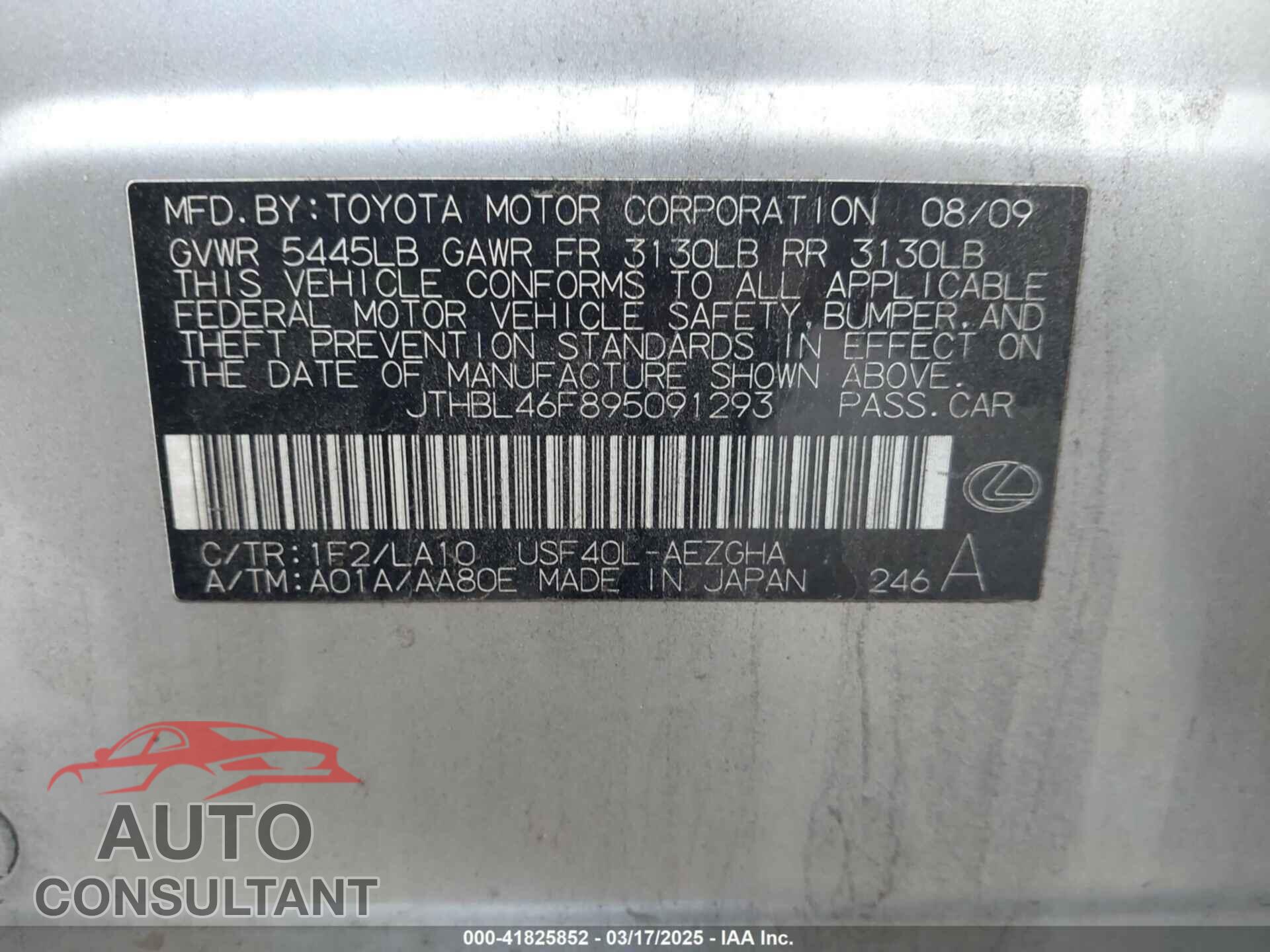 LEXUS LS 460 2009 - JTHBL46F895091293