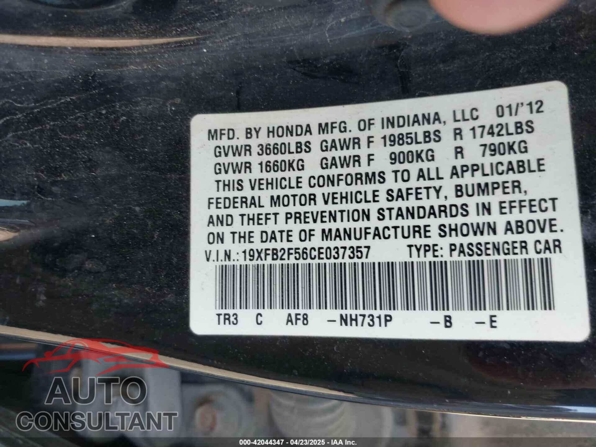 HONDA CIVIC 2012 - 19XFB2F56CE037357