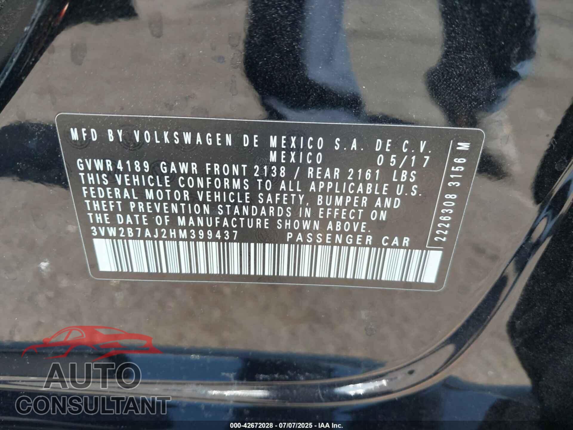 VOLKSWAGEN JETTA 2017 - 3VW2B7AJ2HM399437