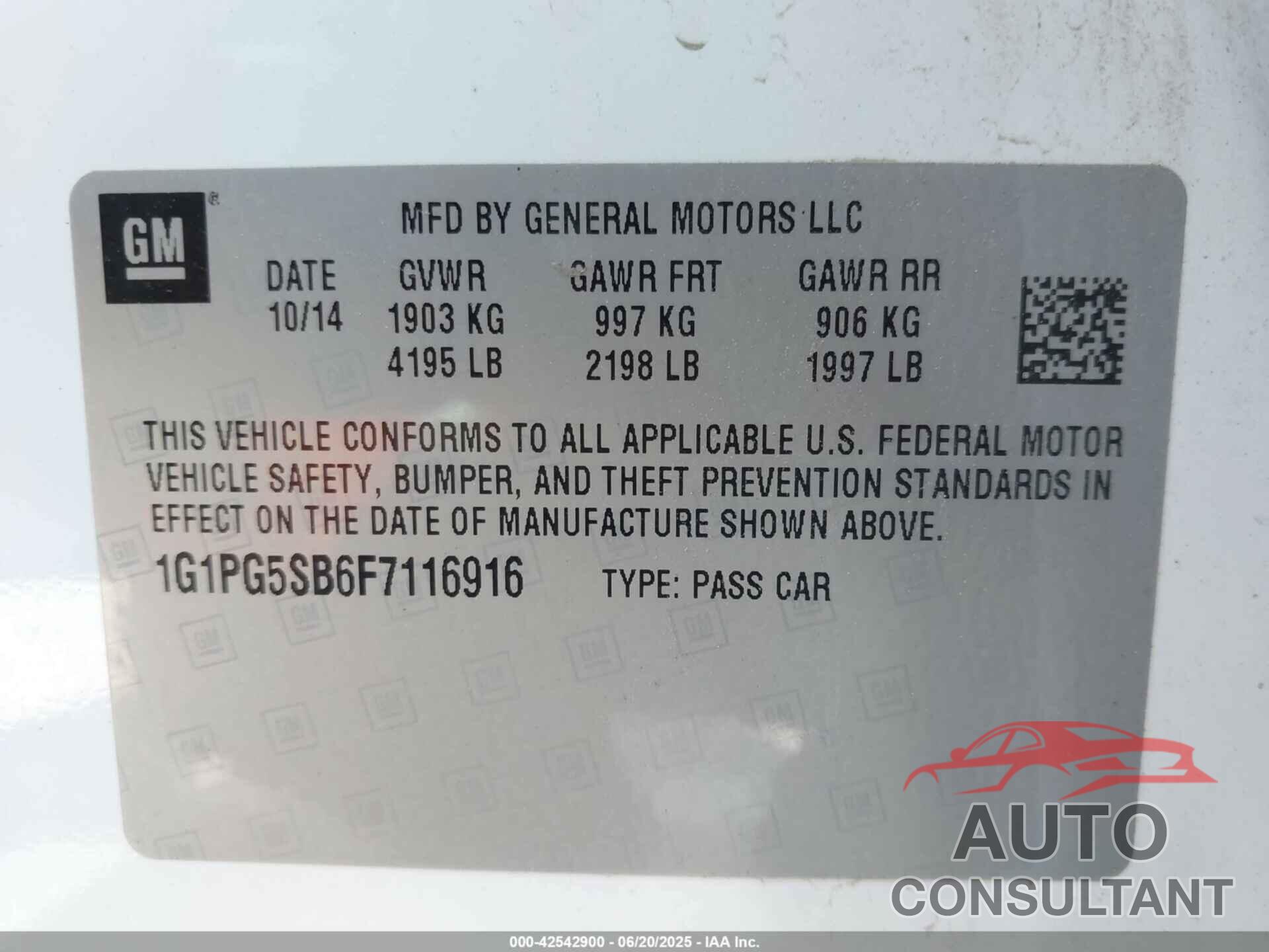 CHEVROLET CRUZE 2015 - 1G1PG5SB6F7116916