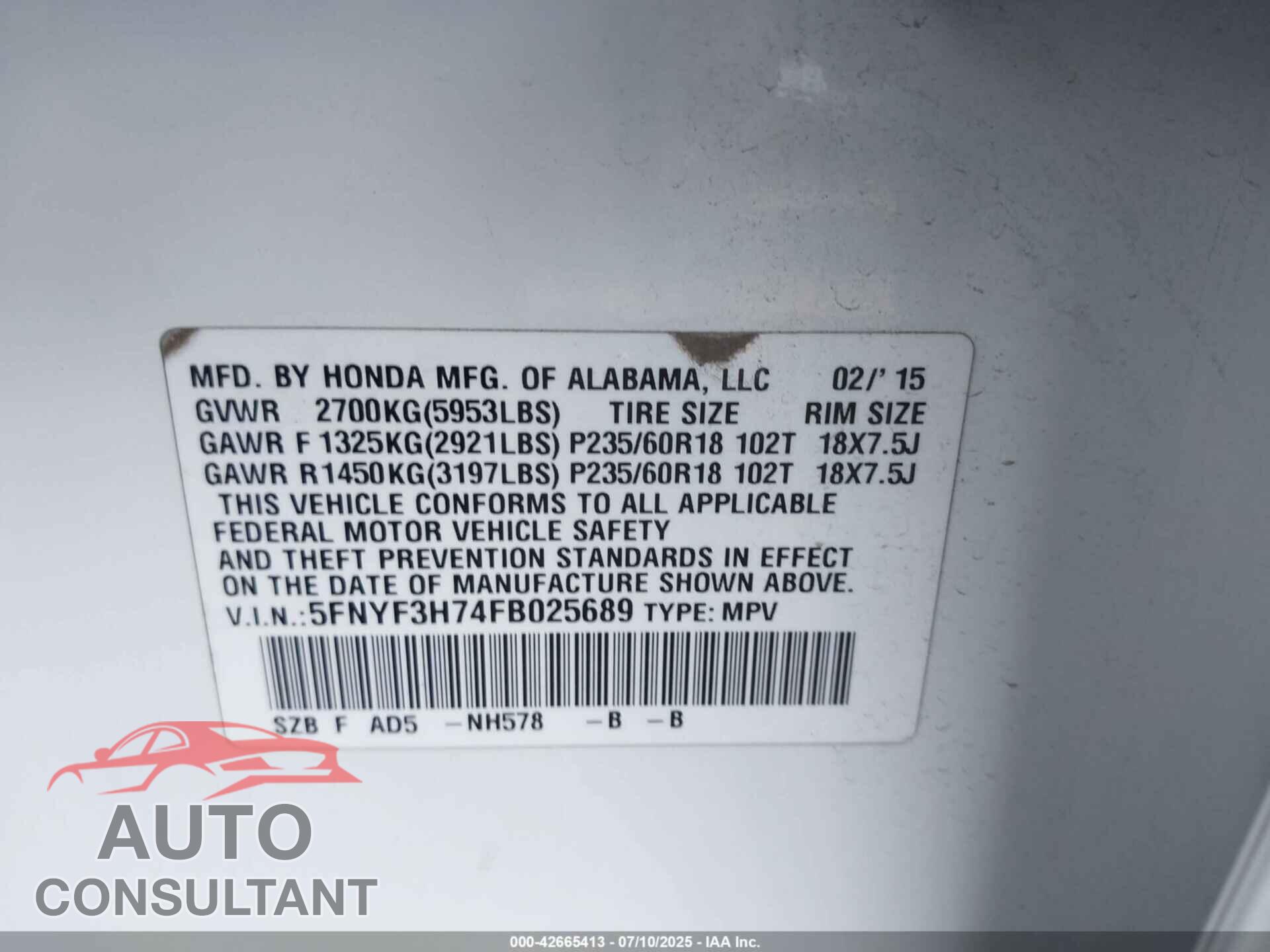 HONDA PILOT 2015 - 5FNYF3H74FB025689