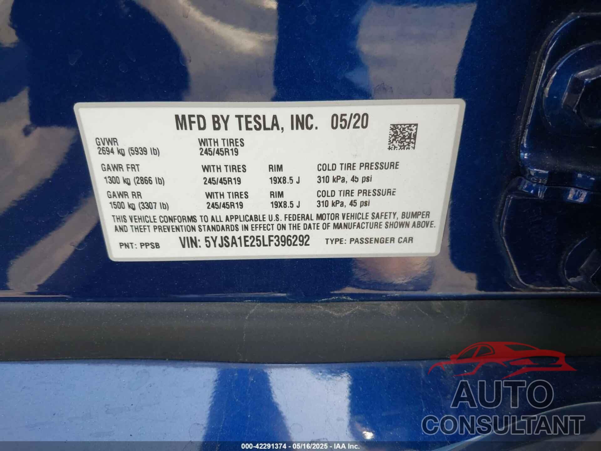 TESLA MODEL S 2020 - 5YJSA1E25LF396292