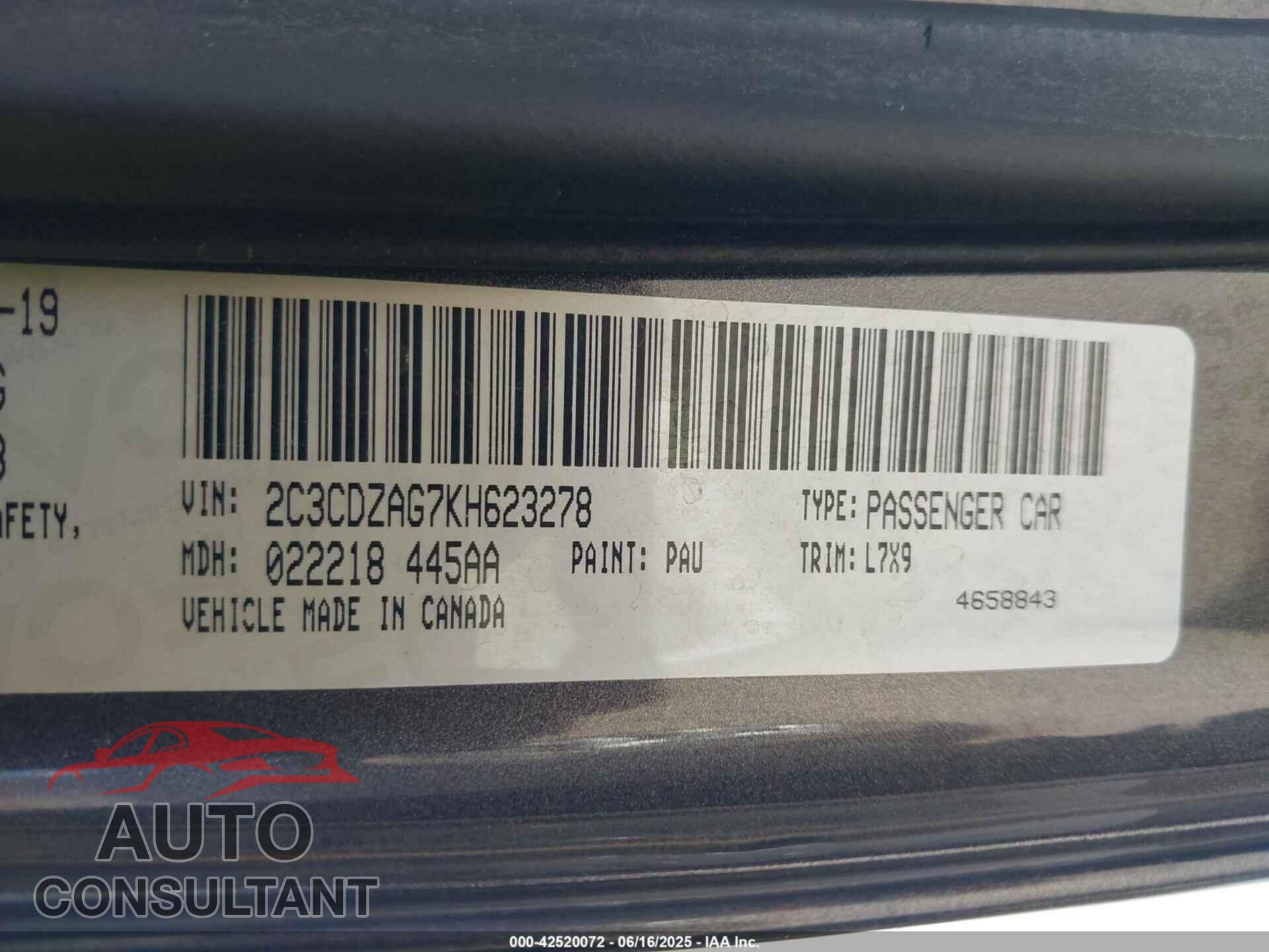 DODGE CHALLENGER 2019 - 2C3CDZAG7KH623278