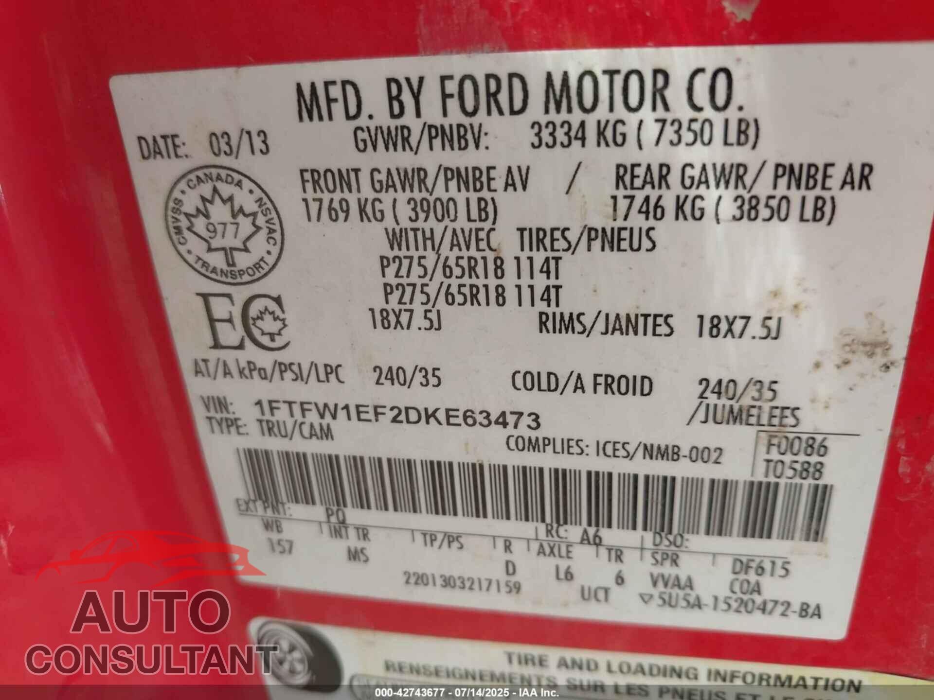 FORD F-150 2013 - 1FTFW1EF2DKE63473