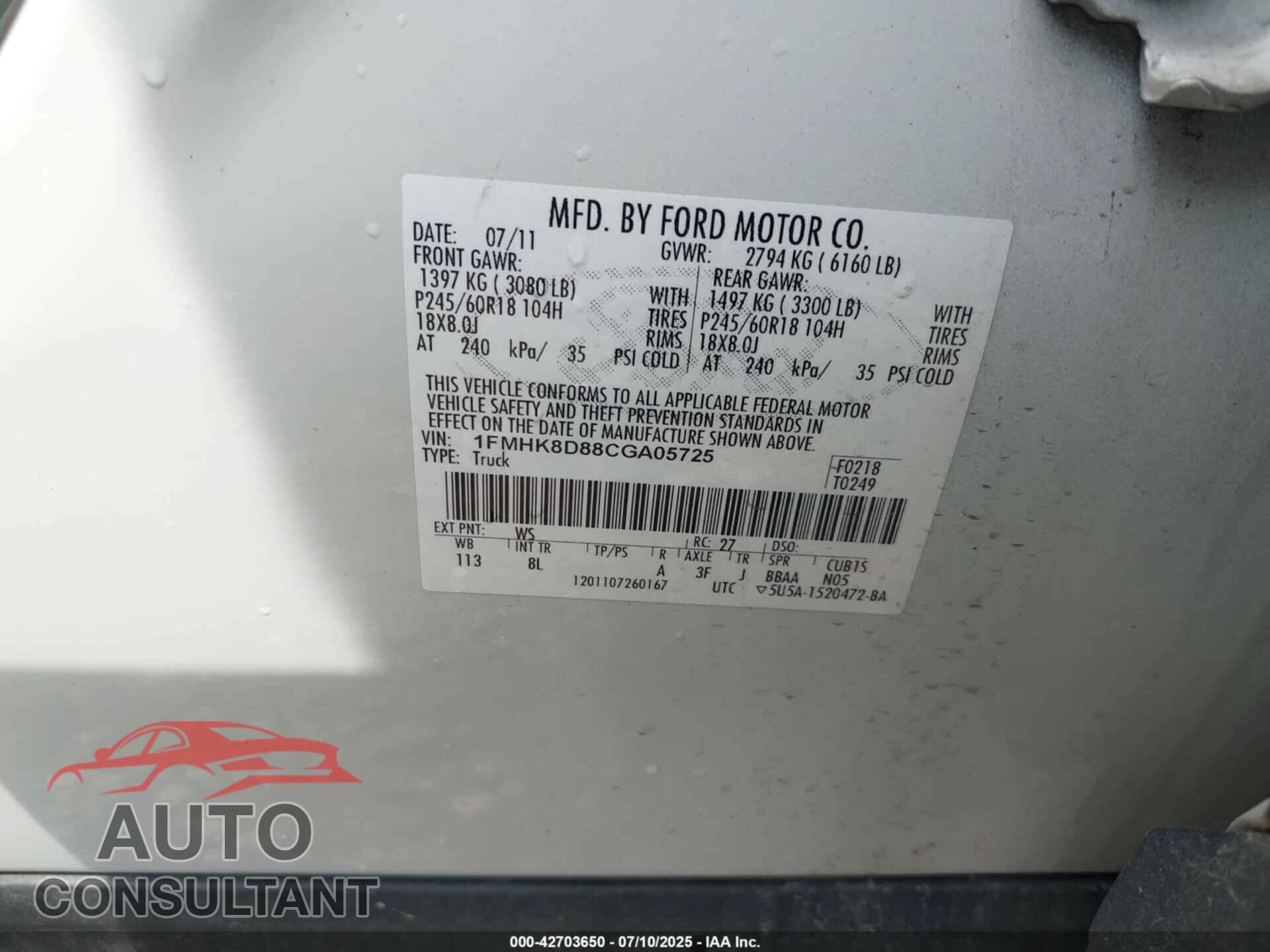 FORD EXPLORER 2012 - 1FMHK8D88CGA05725