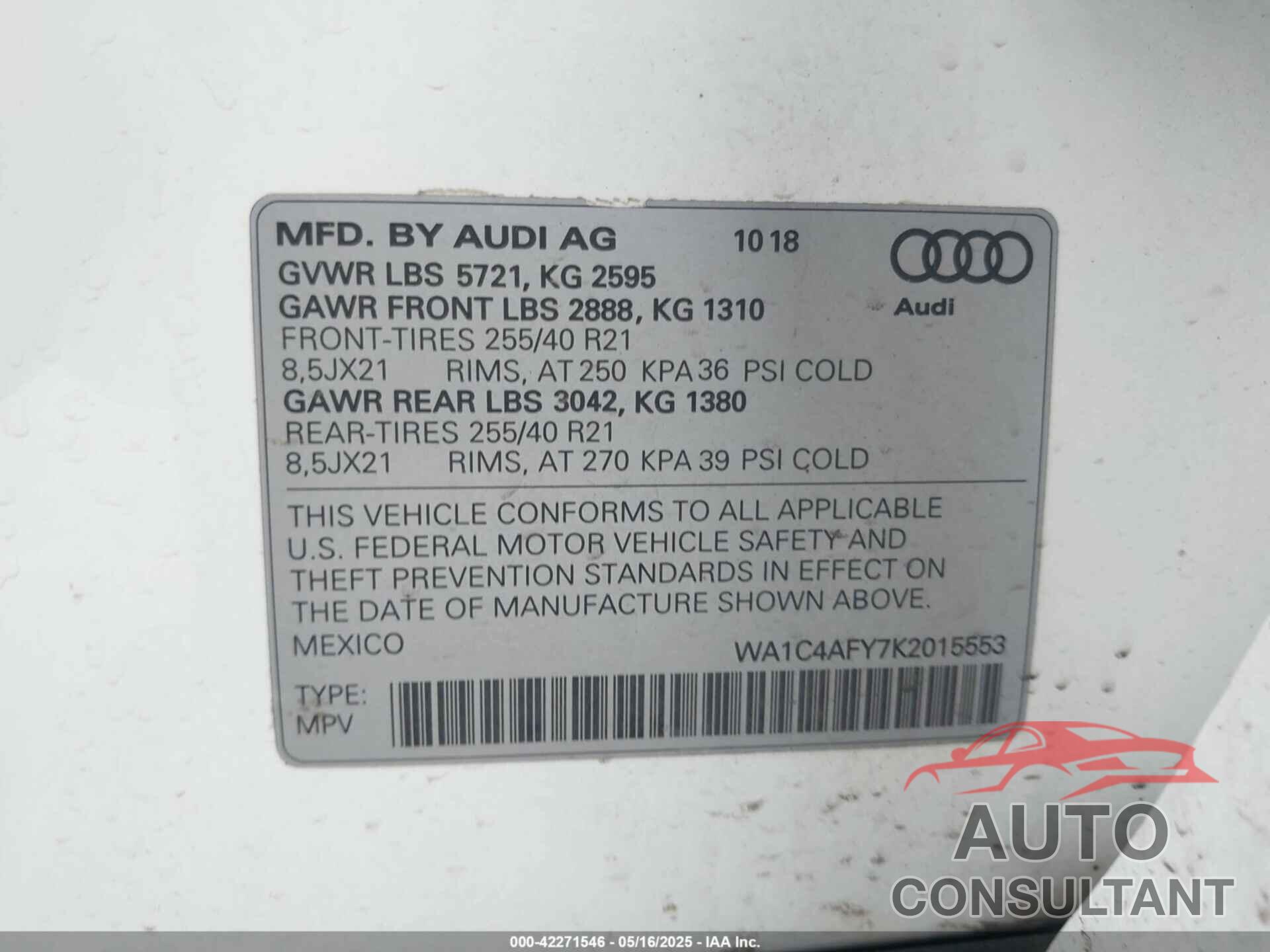AUDI SQ5 2019 - WA1C4AFY7K2015553