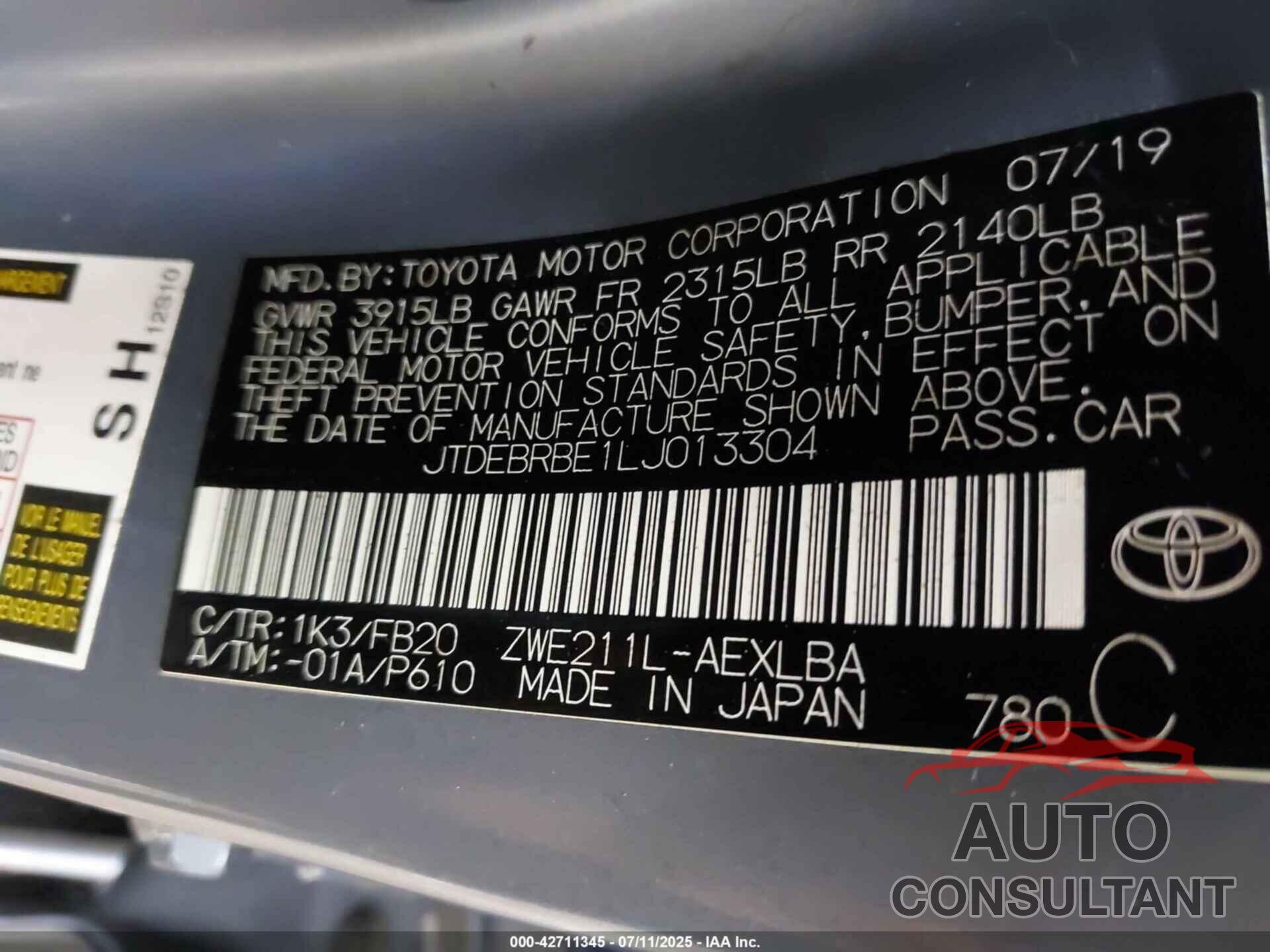 TOYOTA COROLLA 2020 - JTDEBRBE1LJ013304