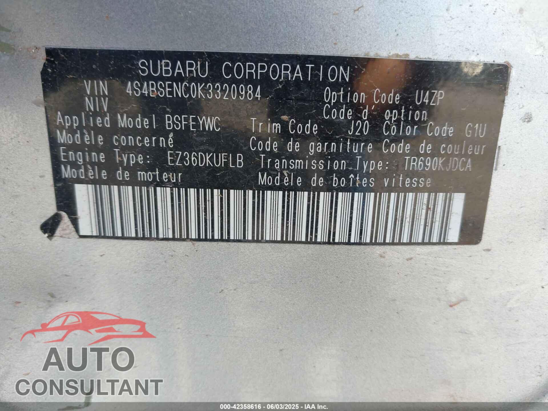 SUBARU OUTBACK 2019 - 4S4BSENC0K3320984