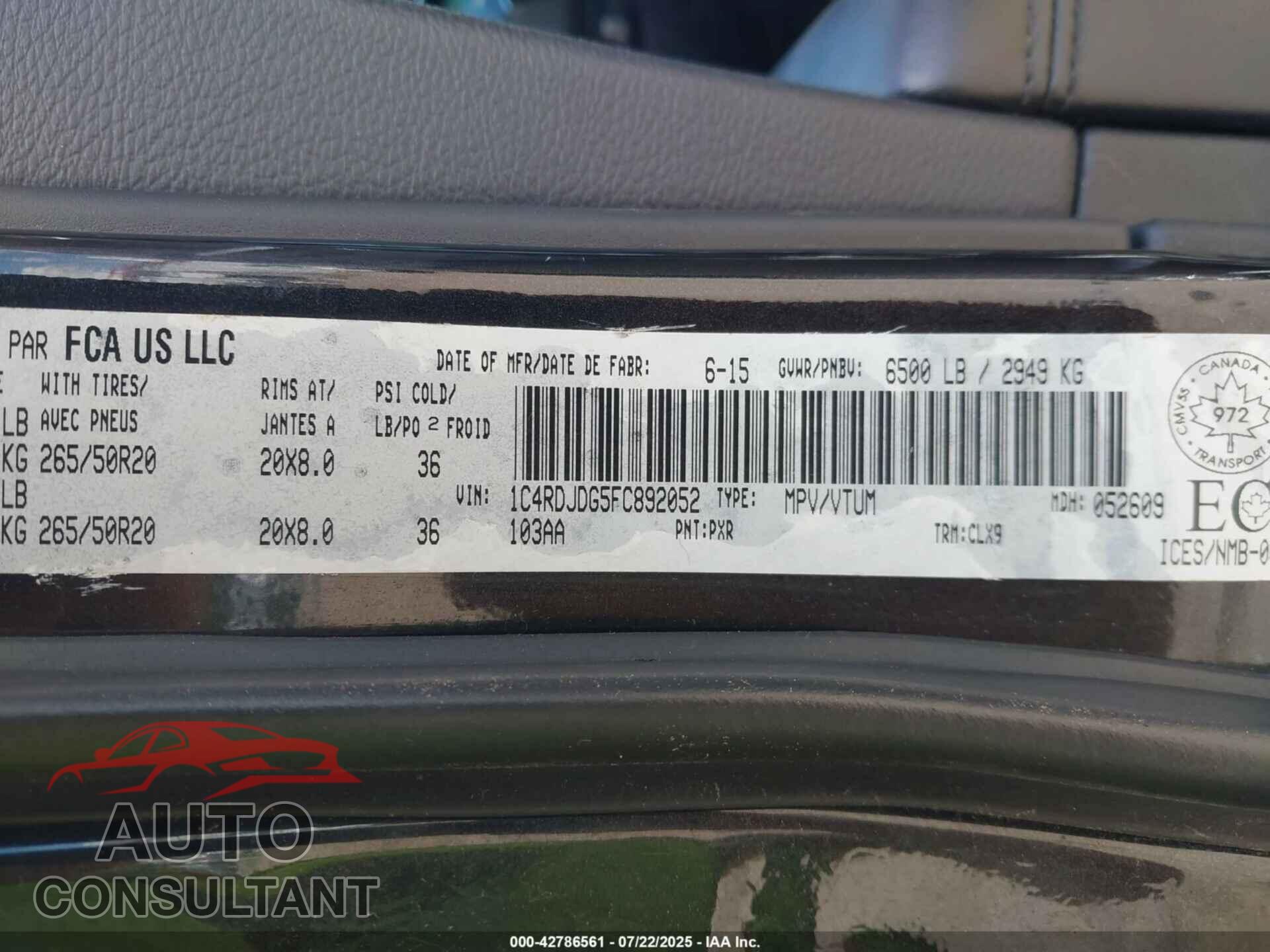 DODGE DURANGO 2015 - 1C4RDJDG5FC892052