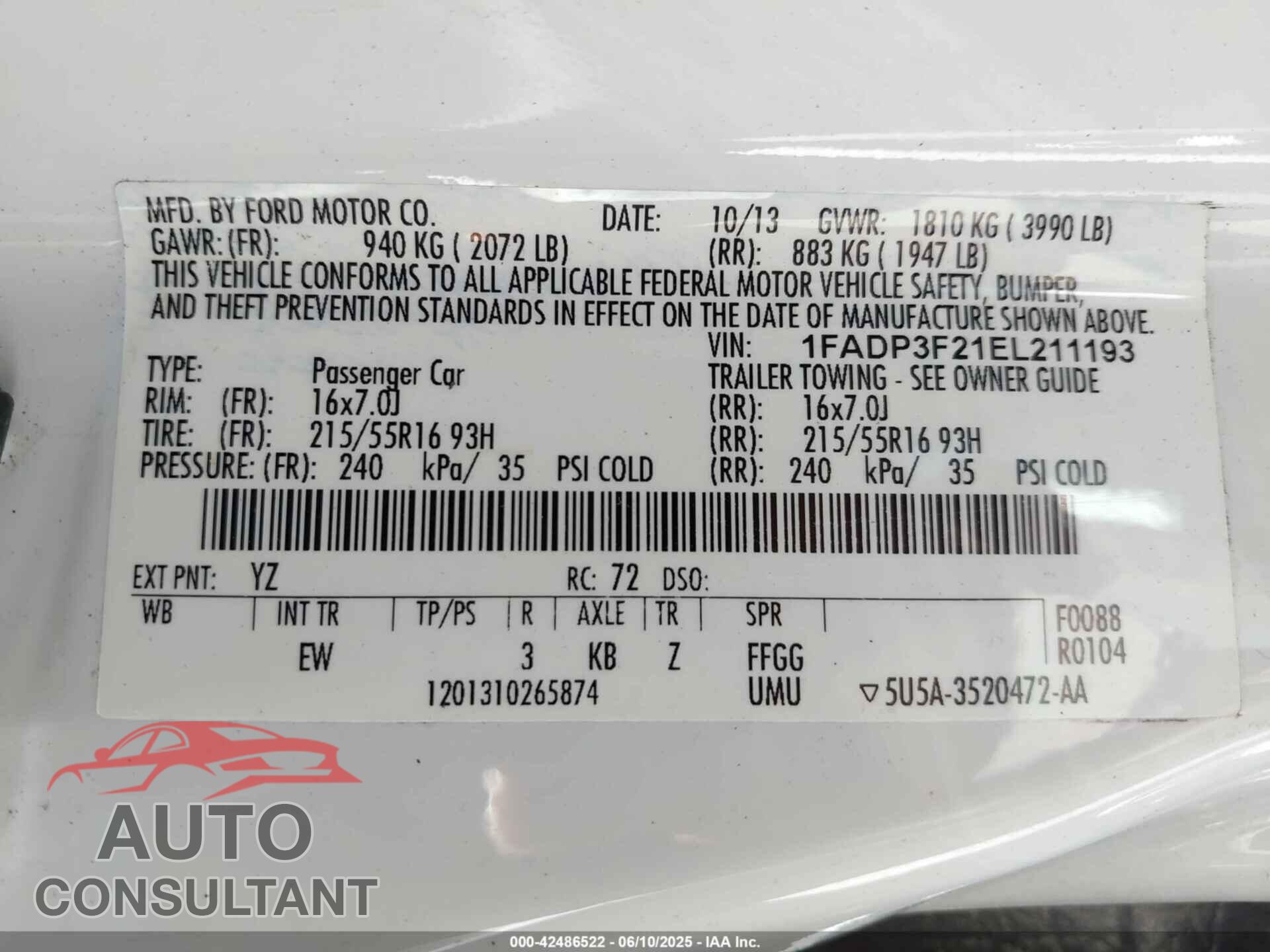 FORD FOCUS 2014 - 1FADP3F21EL211193