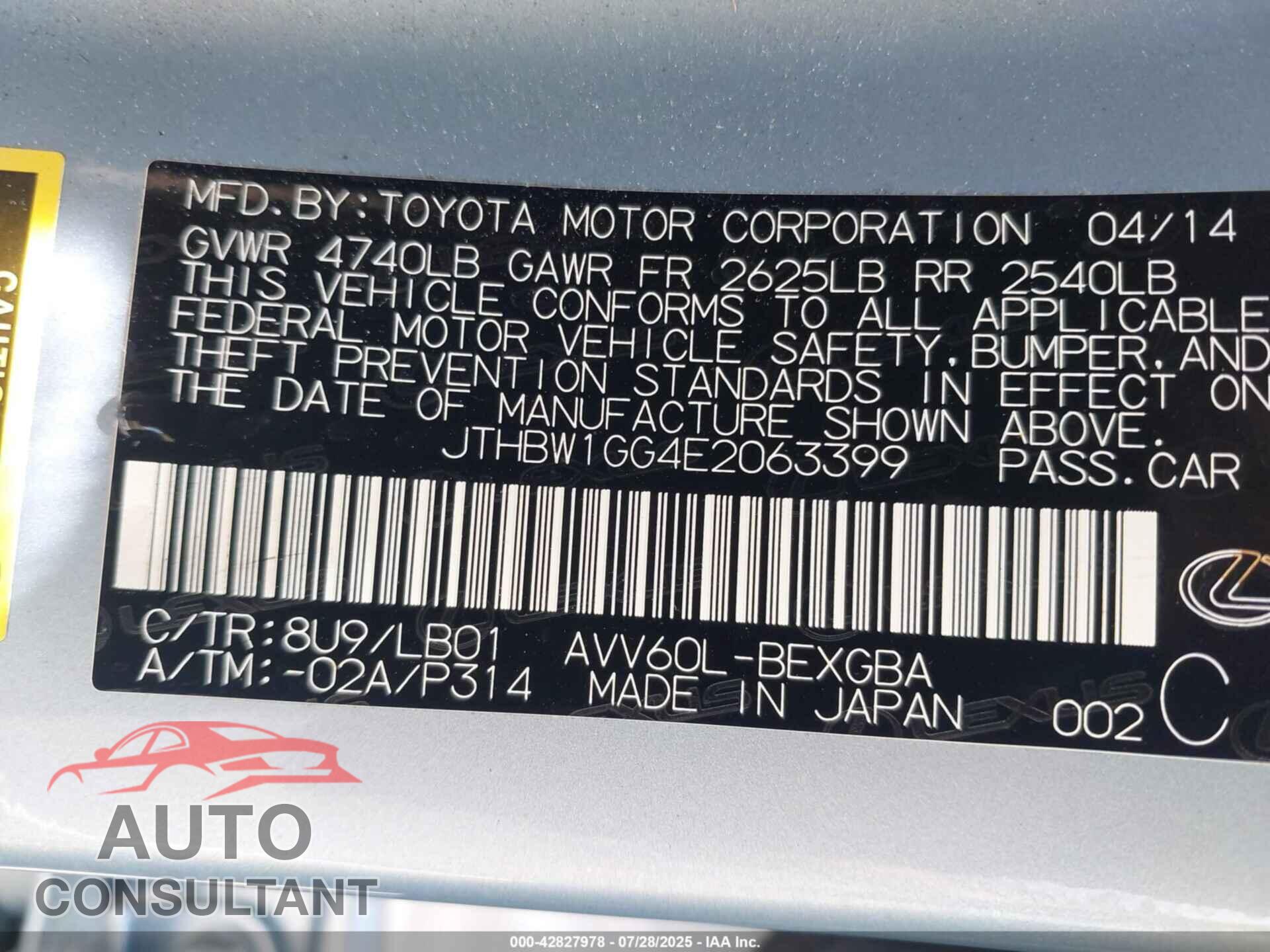 LEXUS ES 300H 2014 - JTHBW1GG4E2063399