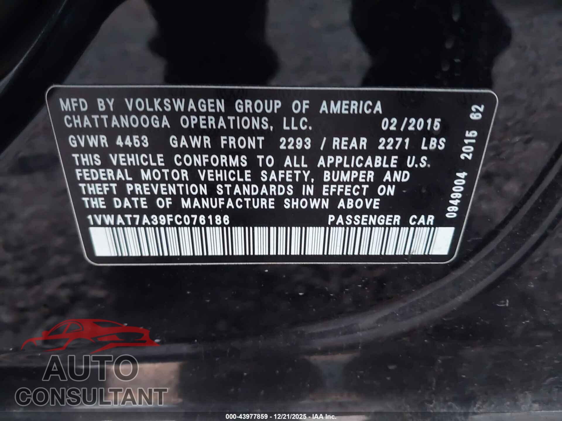 VOLKSWAGEN PASSAT 2015 - 1VWAT7A39FC076186