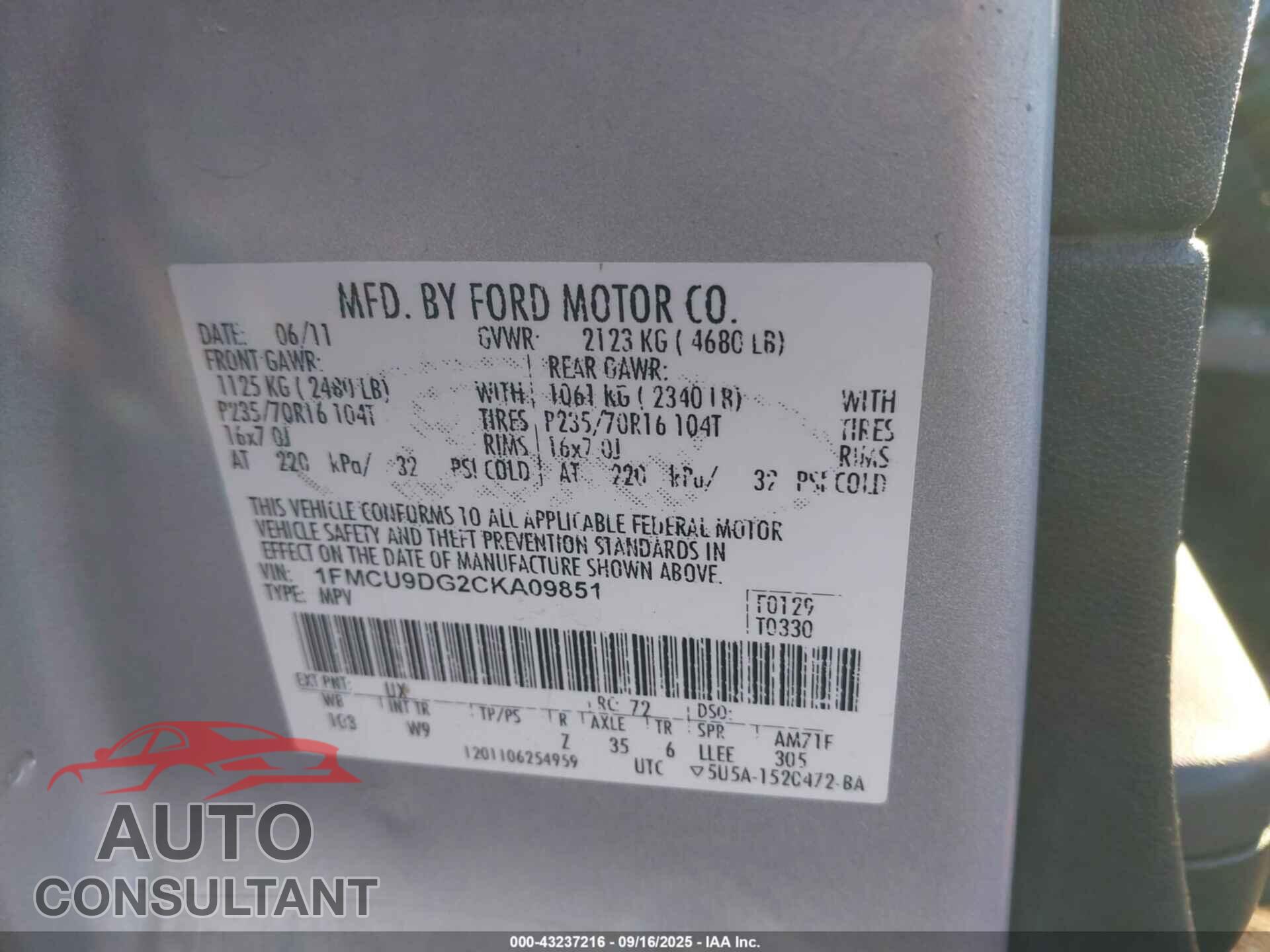 FORD ESCAPE 2012 - 1FMCU9DG2CKA09851
