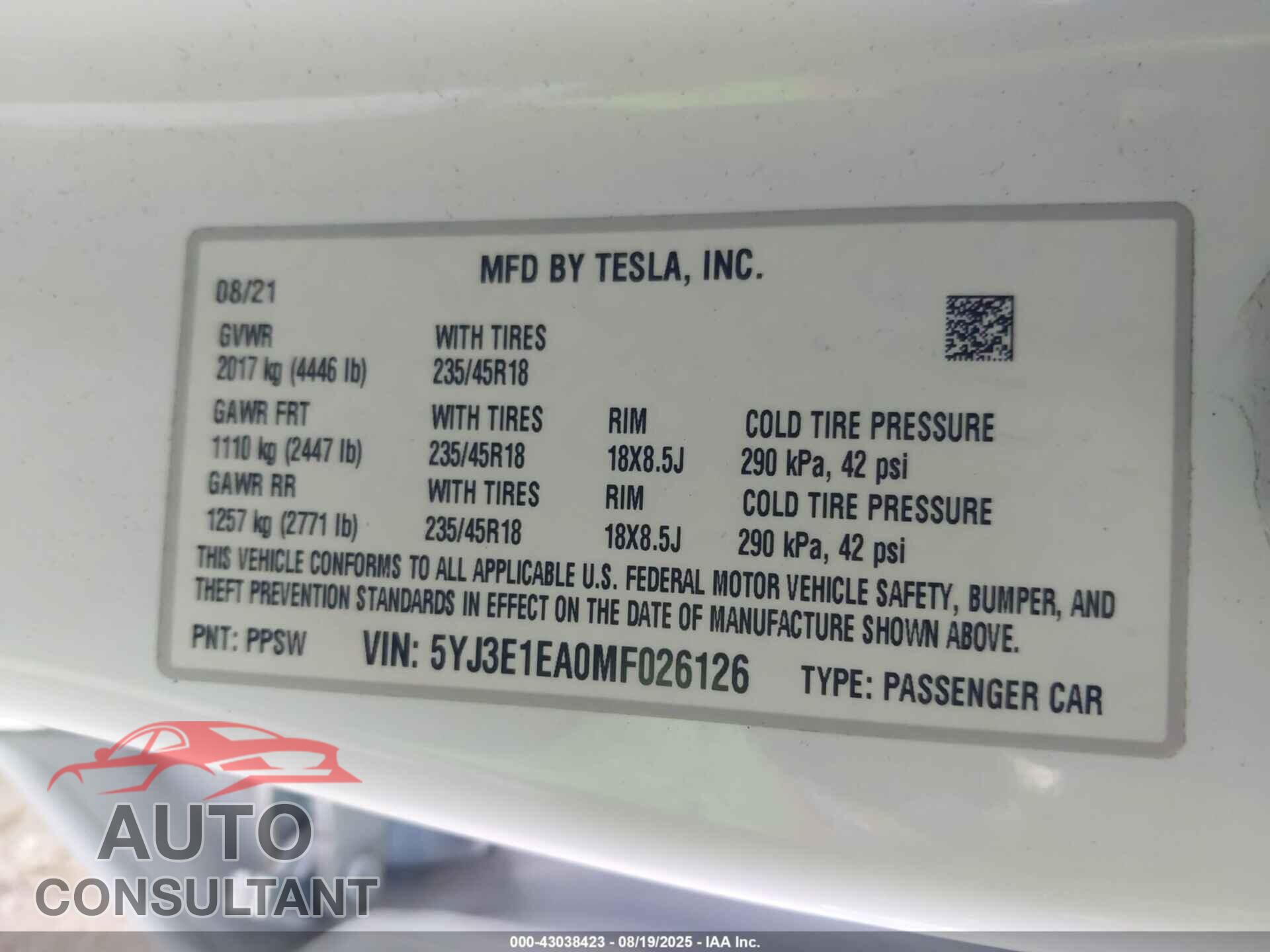 TESLA MODEL 3 2021 - 5YJ3E1EA0MF026126