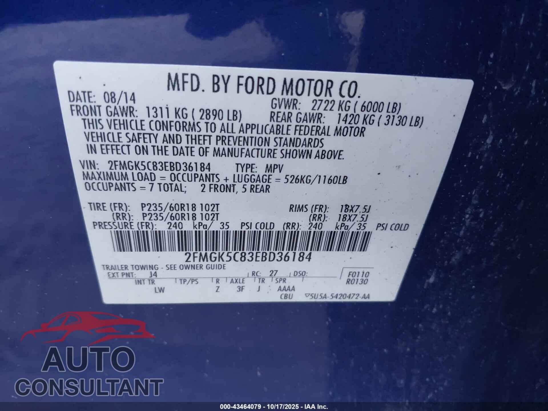 FORD FLEX 2014 - 2FMGK5C83EBD36184