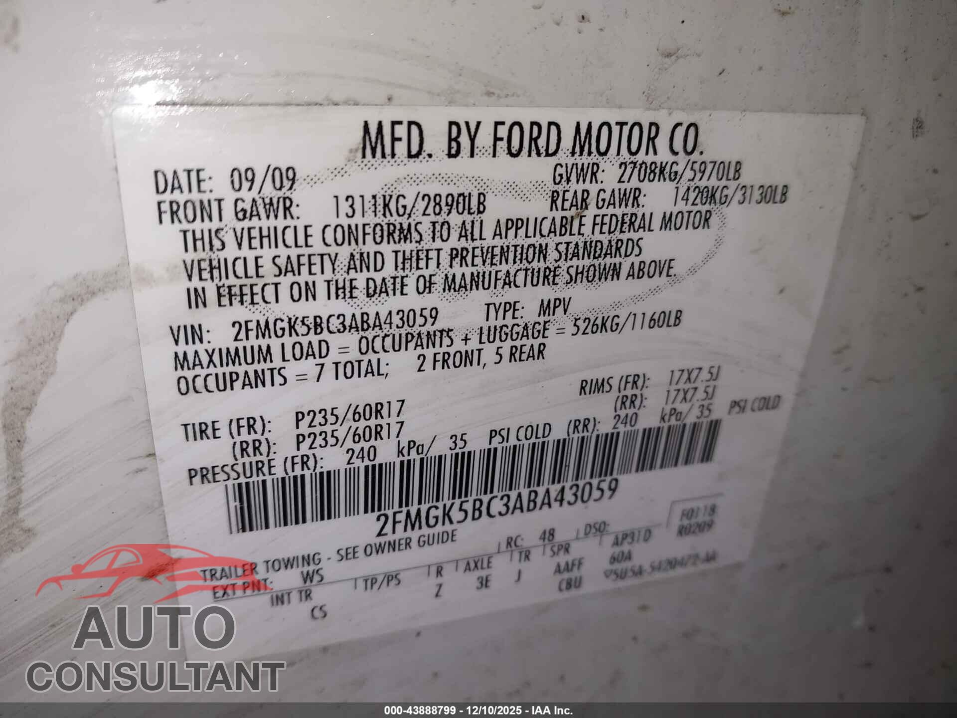FORD FLEX 2010 - 2FMGK5BC3ABA43059