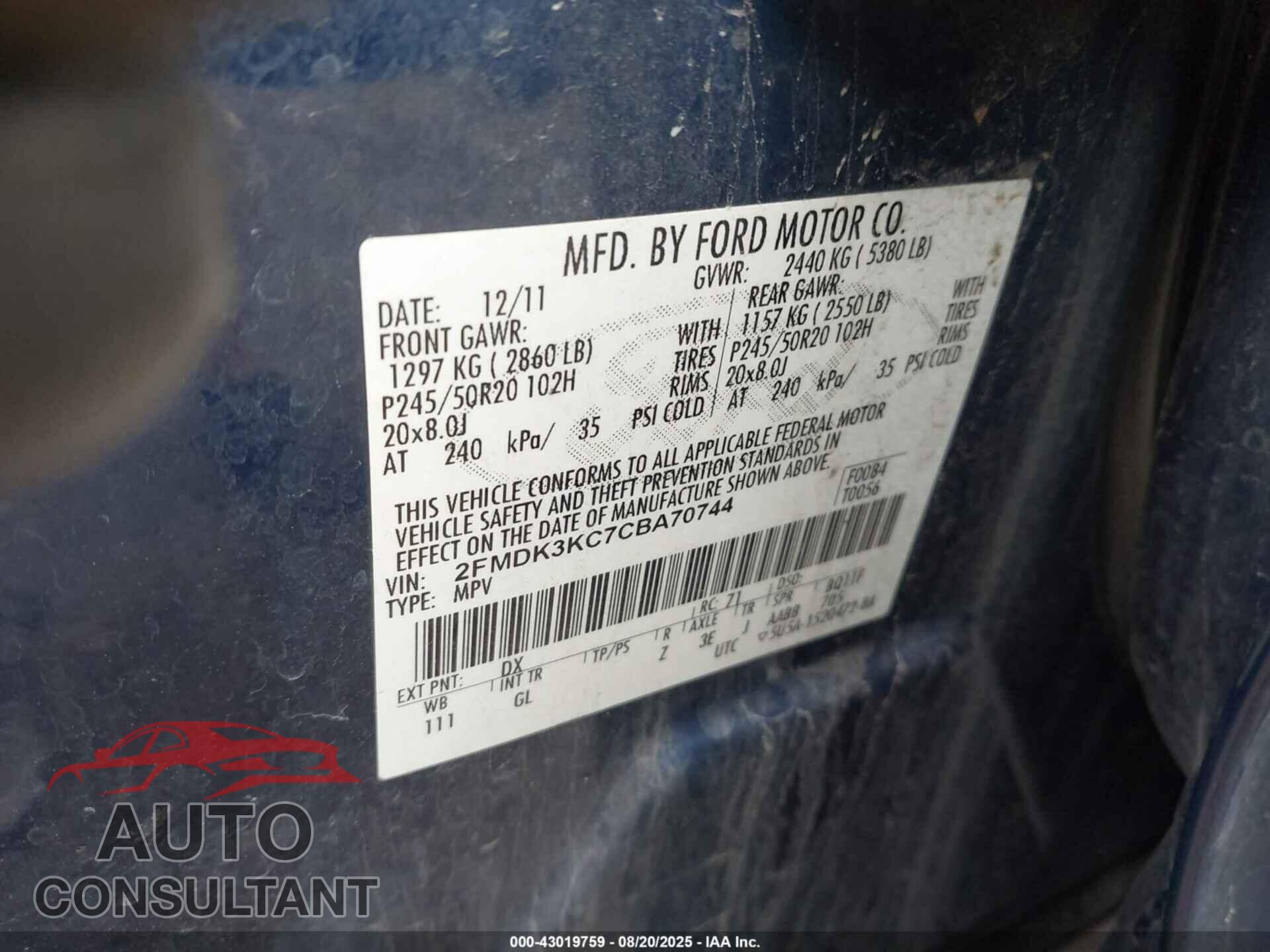 FORD EDGE 2012 - 2FMDK3KC7CBA70744