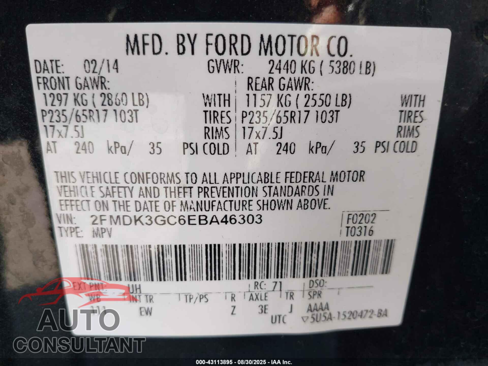 FORD EDGE 2014 - 2FMDK3GC6EBA46303
