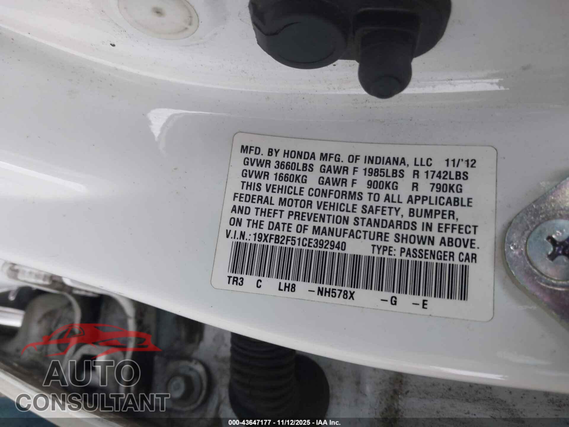 HONDA CIVIC 2012 - 19XFB2F51CE392940