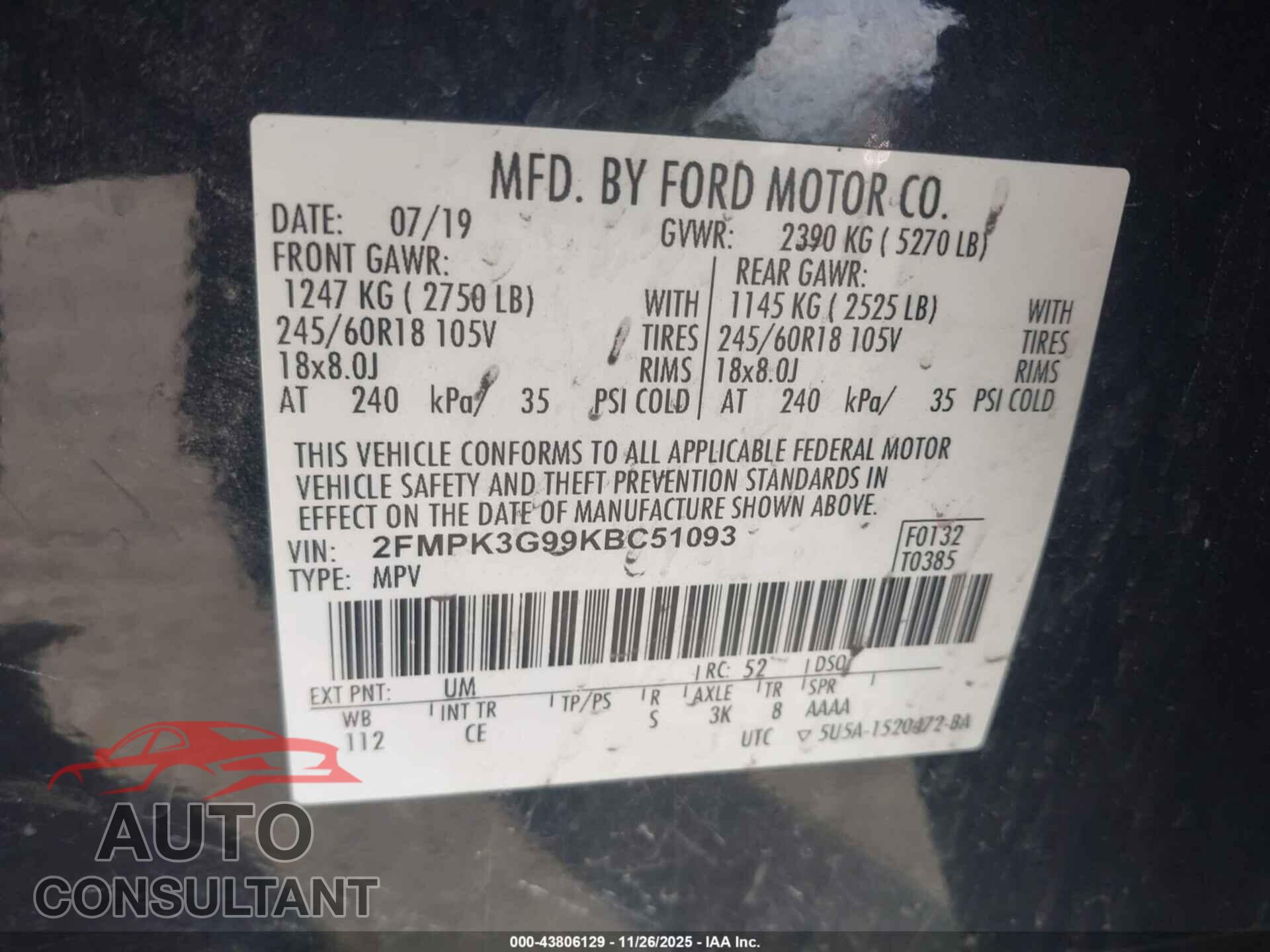 FORD EDGE 2019 - 2FMPK3G99KBC51093