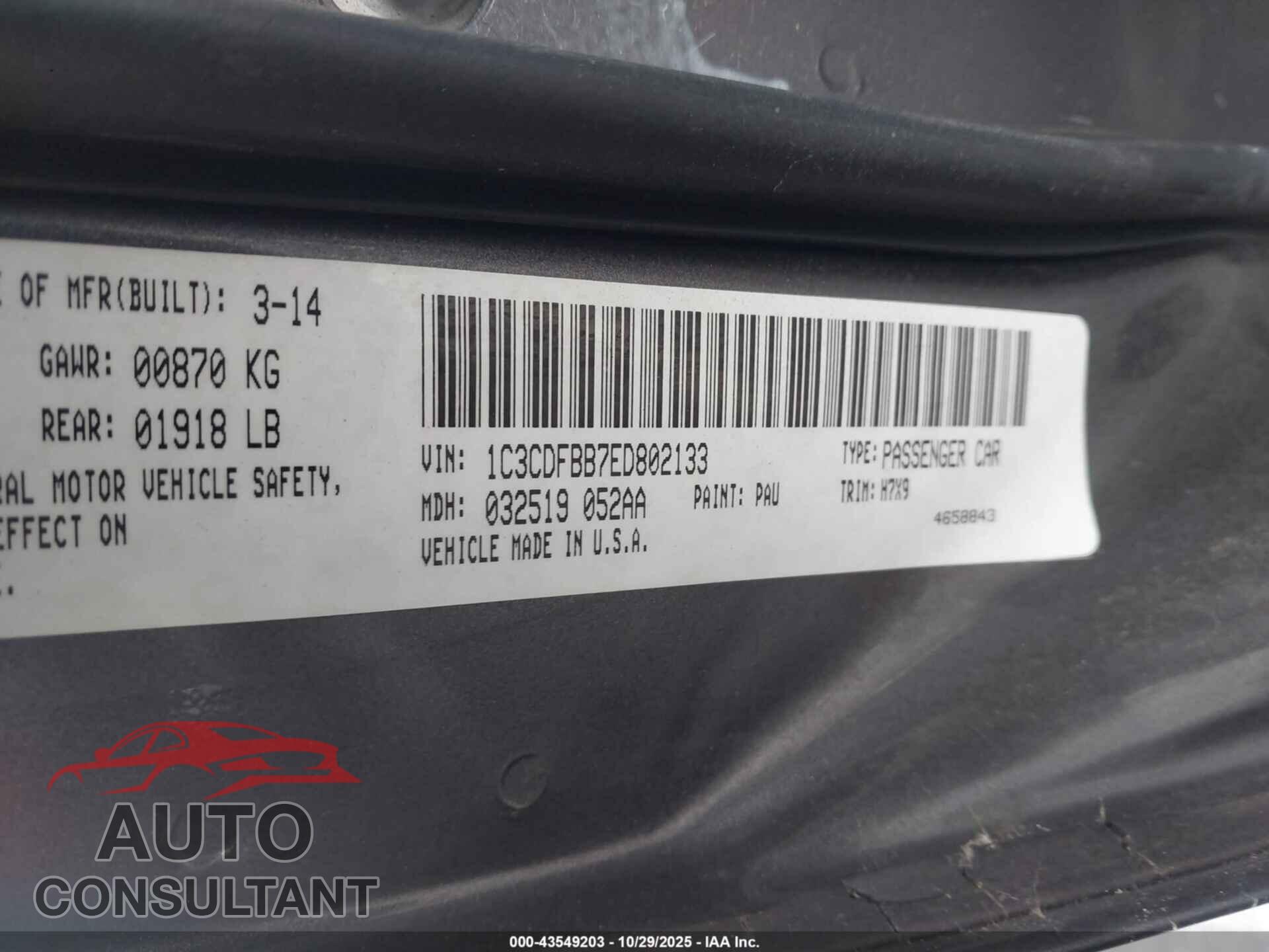 DODGE DART 2014 - 1C3CDFBB7ED802133