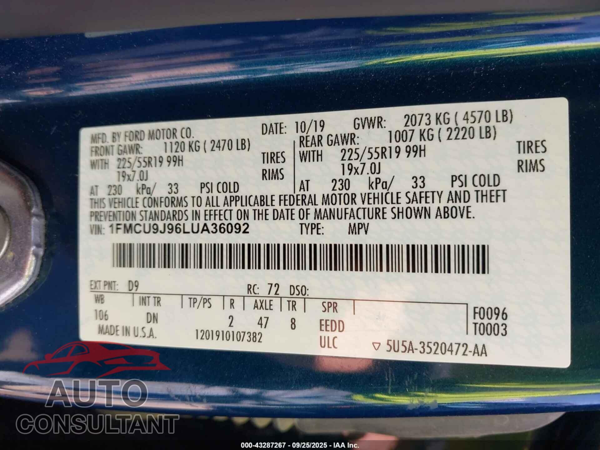 FORD ESCAPE 2020 - 1FMCU9J96LUA36092